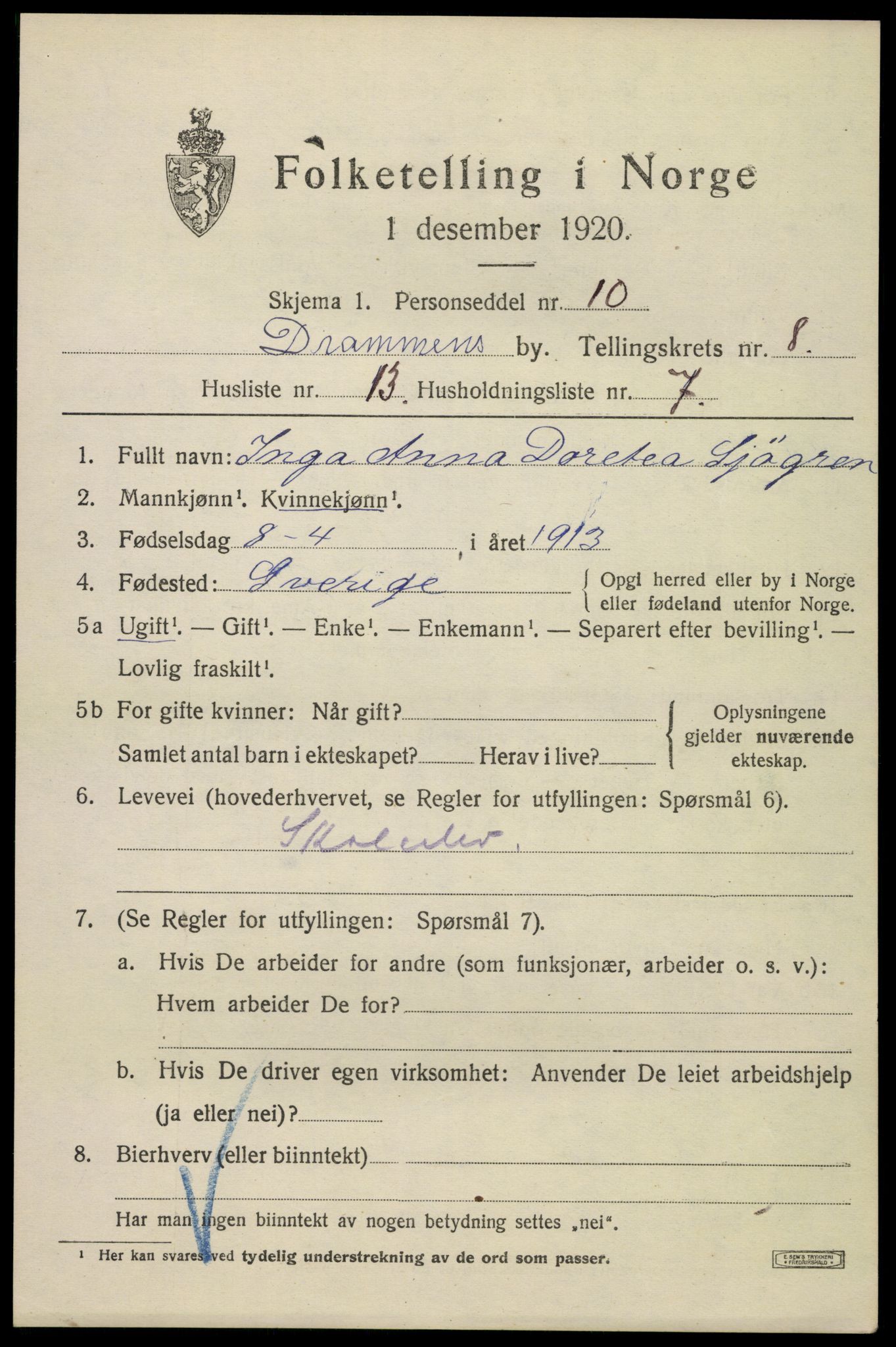 SAKO, 1920 census for Drammen, 1920, p. 53453