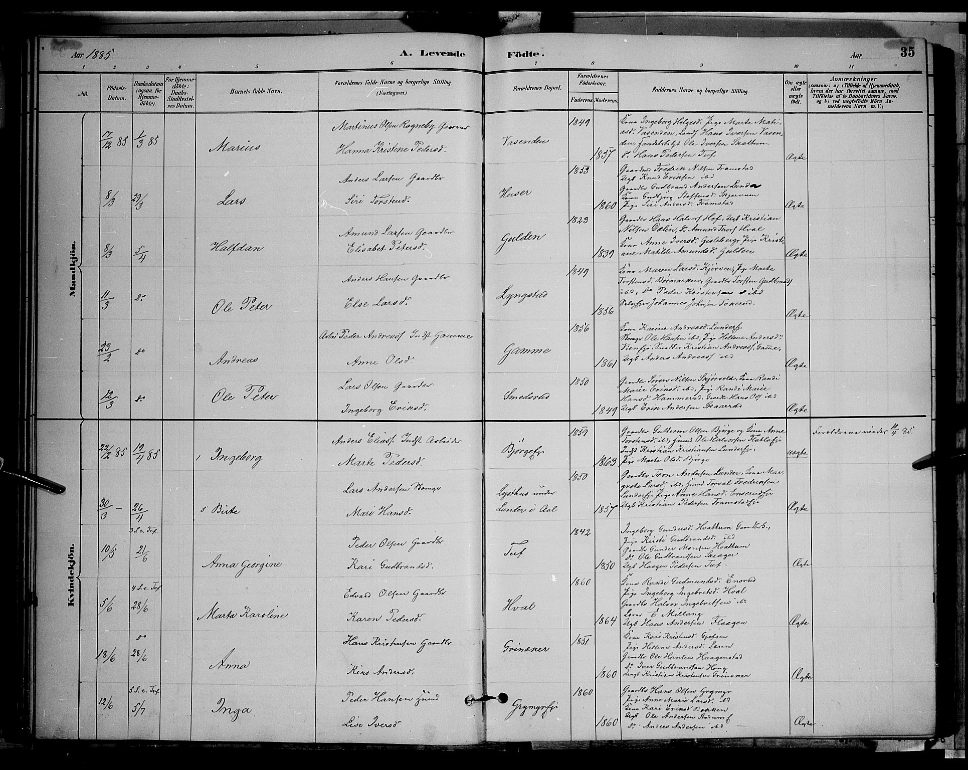 Gran prestekontor, SAH/PREST-112/H/Ha/Hab/L0002: Parish register (copy) no. 2, 1879-1892, p. 35