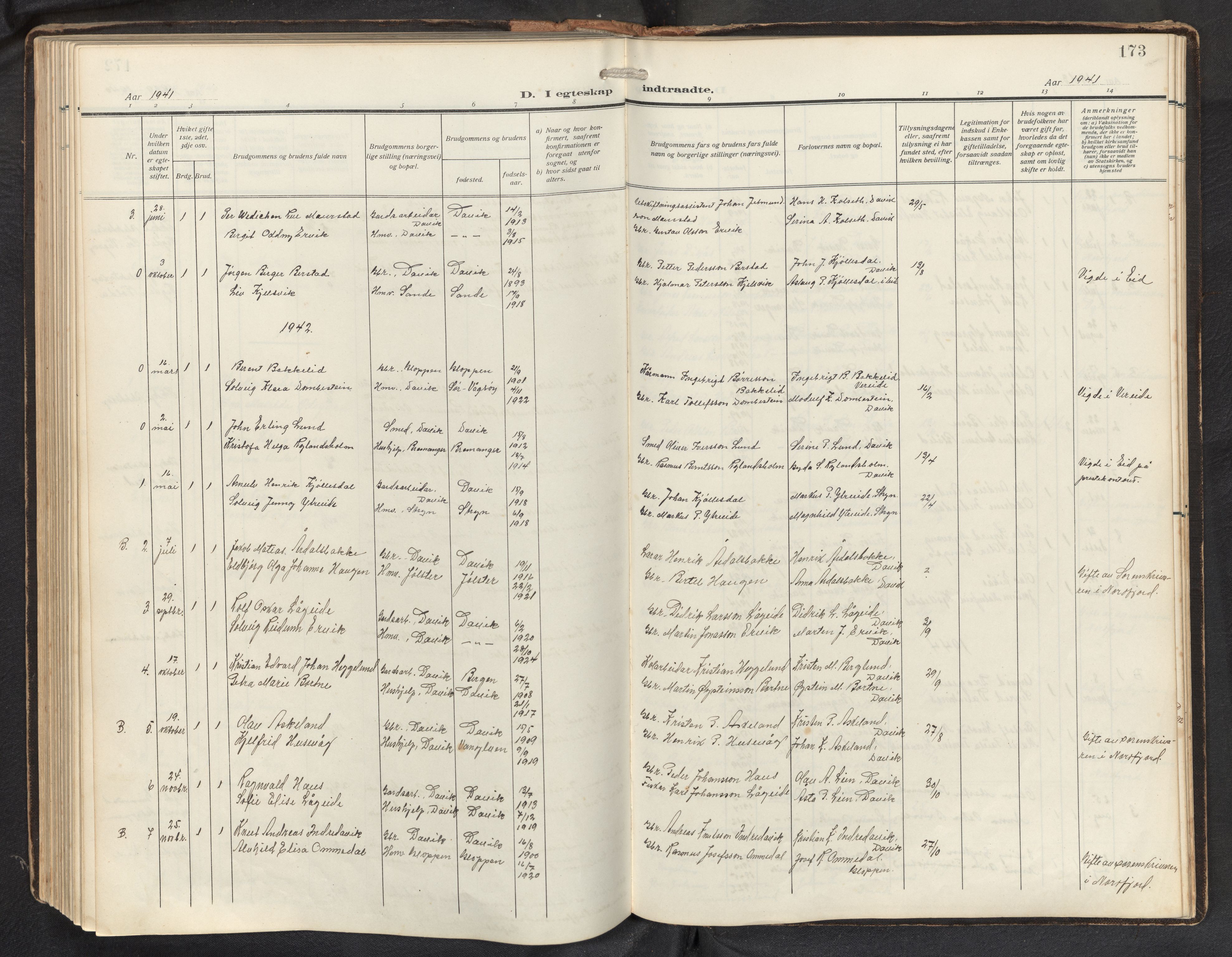 Davik sokneprestembete, AV/SAB-A-79701/H/Hab/Haba/L0003: Parish register (copy) no. A 3, 1912-1947, p. 172b-173a