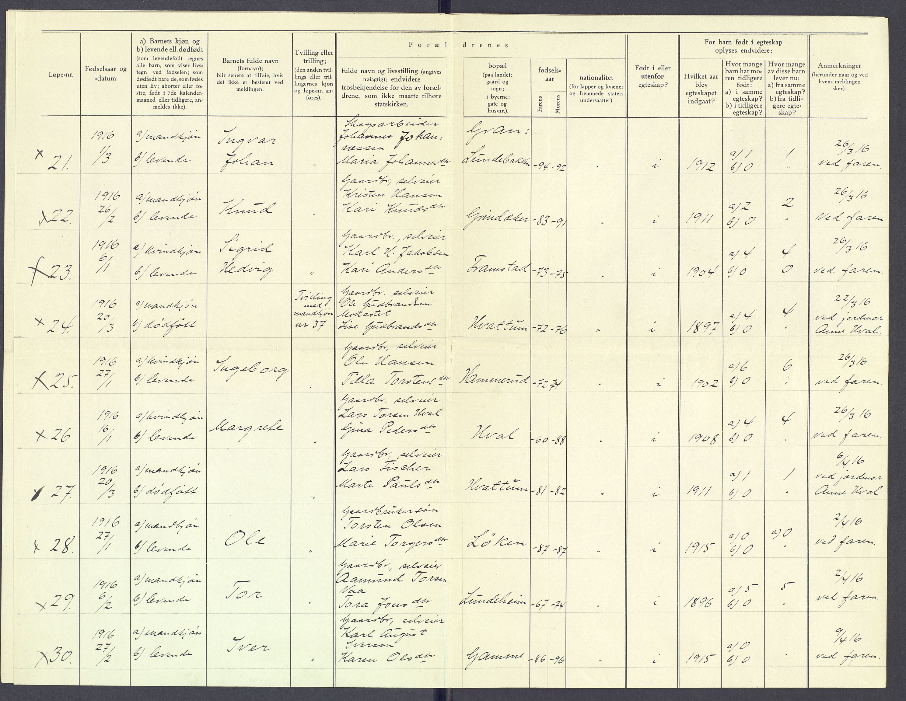 Gran prestekontor, AV/SAH-PREST-112/I/Id: Birth register no. -, 1916-1916