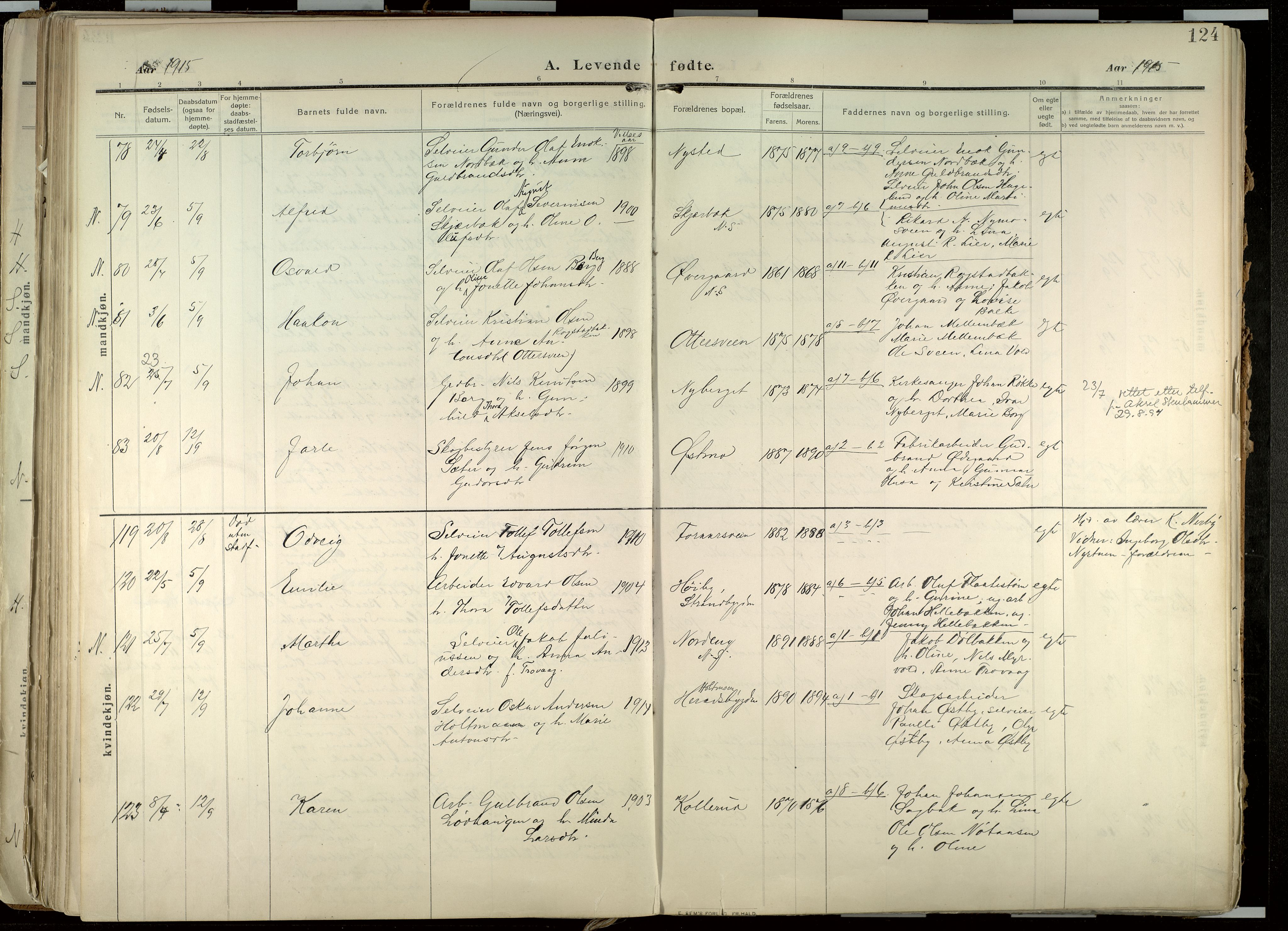 Elverum prestekontor, AV/SAH-PREST-044/H/Ha/Haa/L0020: Parish register (official) no. 20, 1909-1921, p. 124