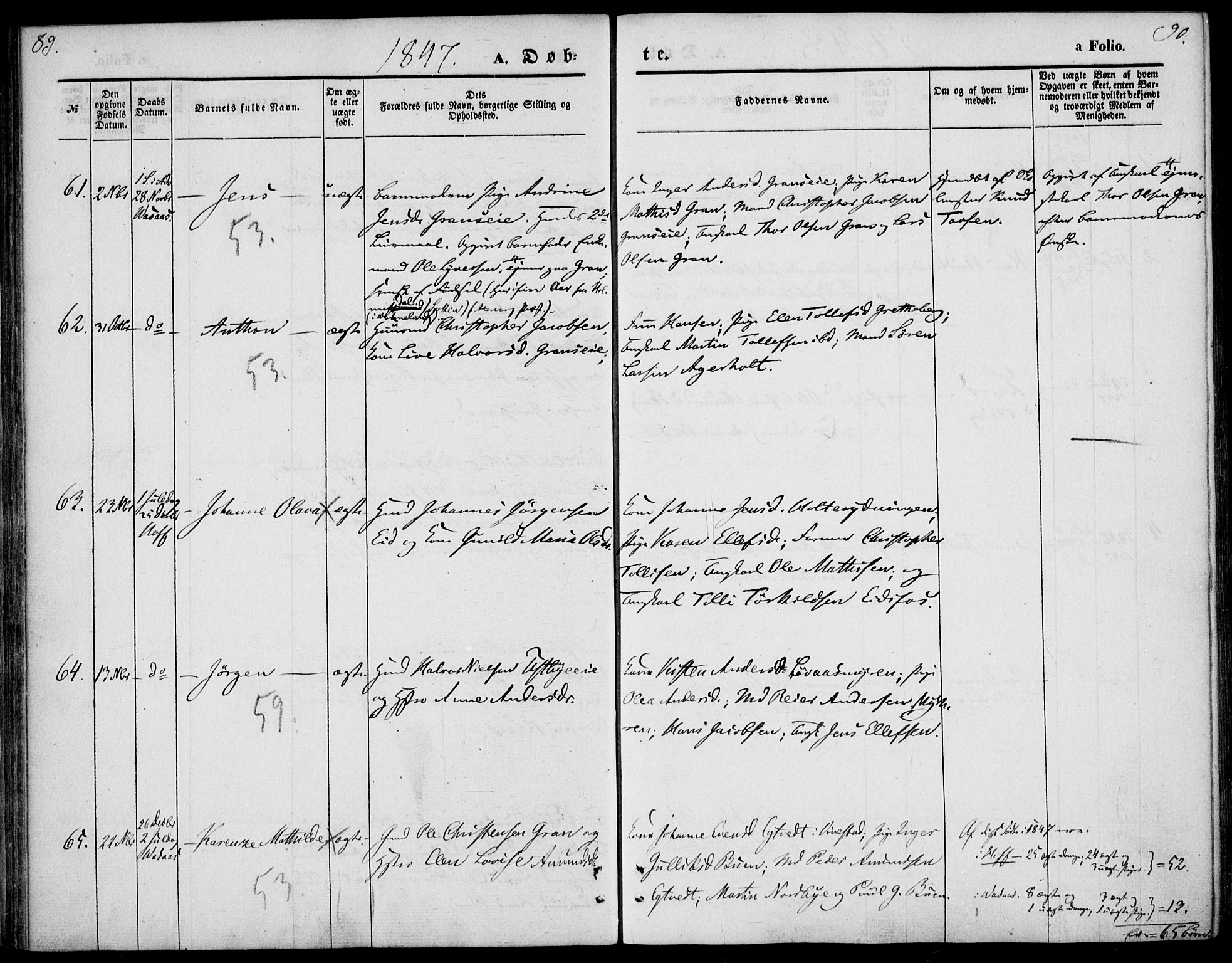 Hof kirkebøker, AV/SAKO-A-64/F/Fa/L0005: Parish register (official) no. I 5, 1844-1851, p. 89-90