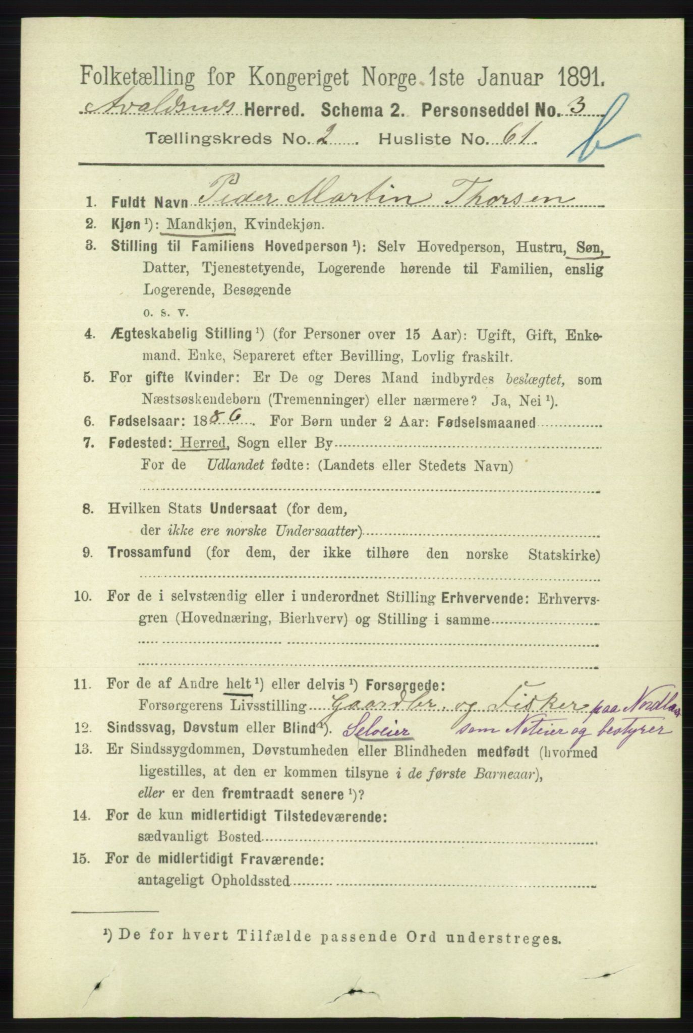 RA, 1891 census for 1147 Avaldsnes, 1891, p. 2314