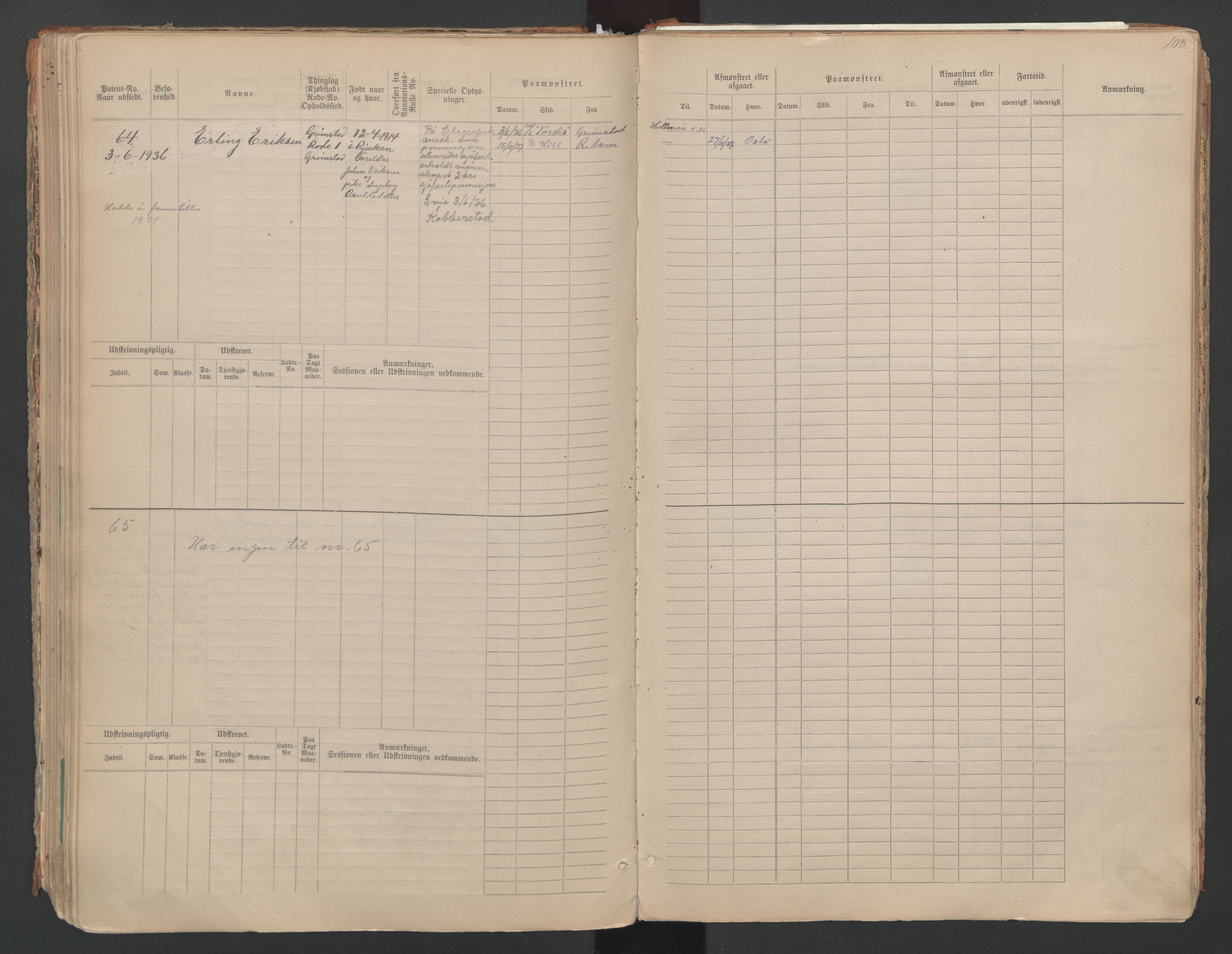 Grimstad mønstringskrets, SAK/2031-0013/F/Fa/L0007: Annotasjonsrulle nr 1-265 og hovedrulle B nr 1-160, V-20, 1894-1949, p. 113