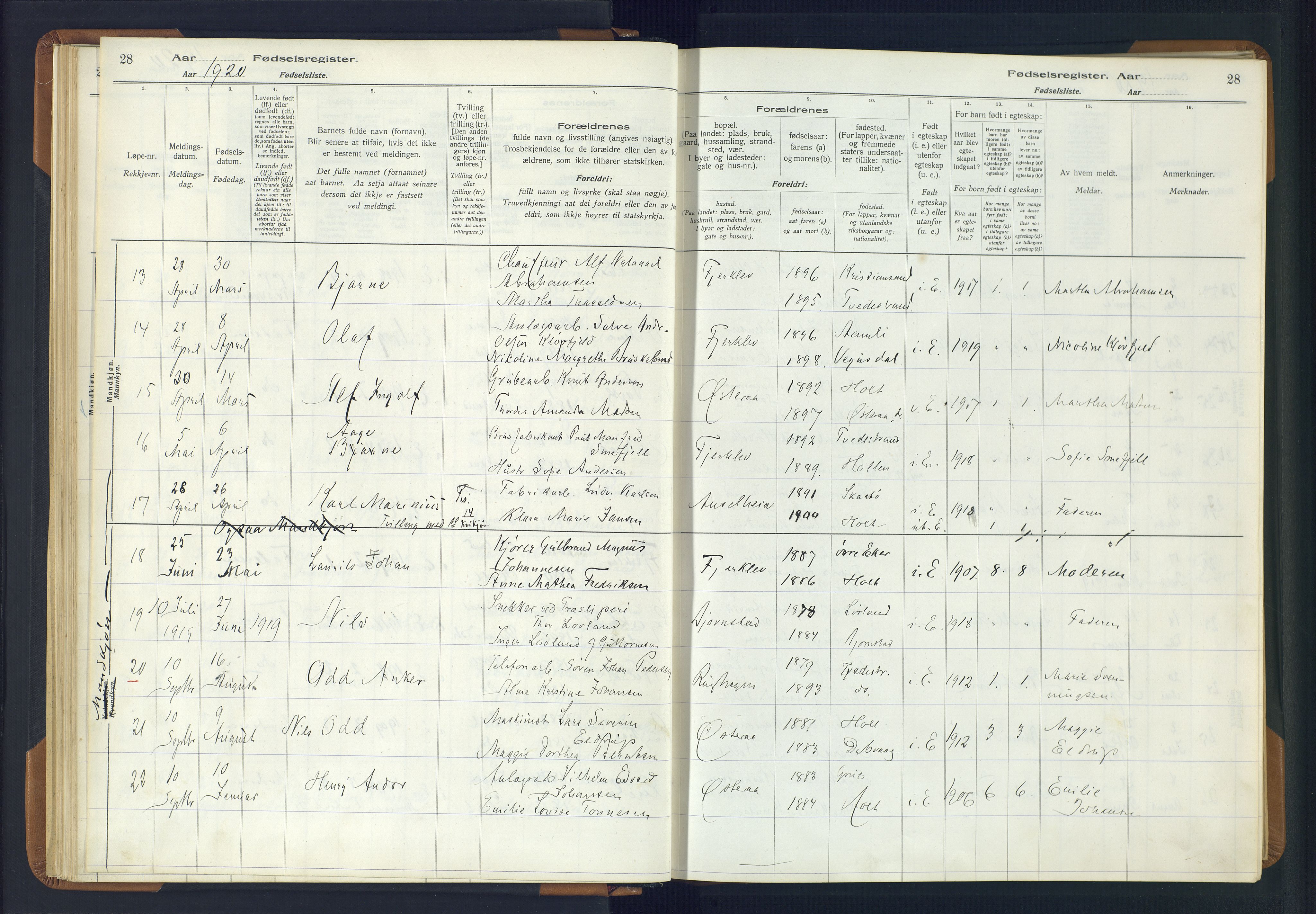 Holt sokneprestkontor, SAK/1111-0021/J/Ja/L0001: Birth register no. II.4.1, 1916-1946, p. 28