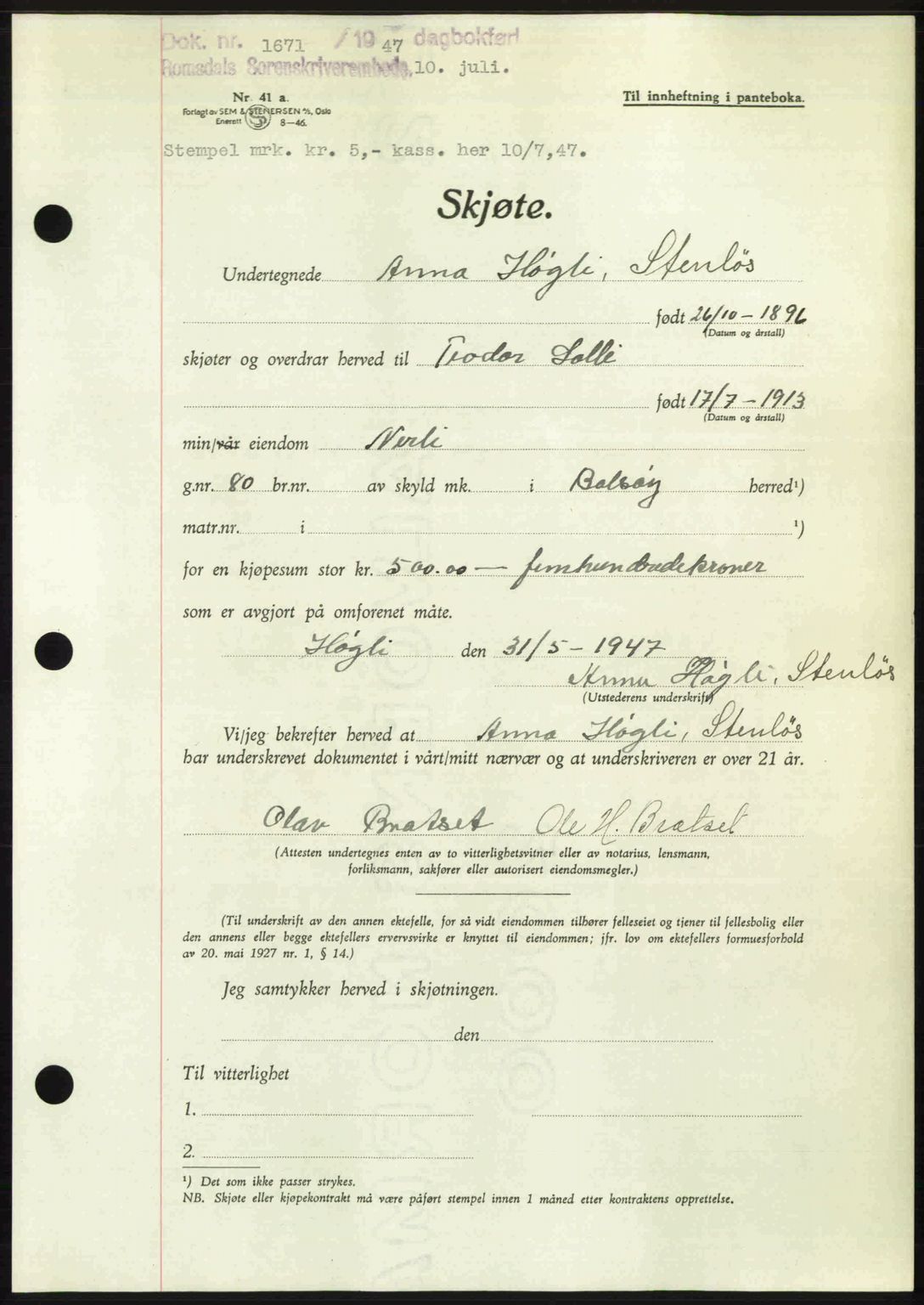 Romsdal sorenskriveri, AV/SAT-A-4149/1/2/2C: Mortgage book no. A23, 1947-1947, Diary no: : 1671/1947