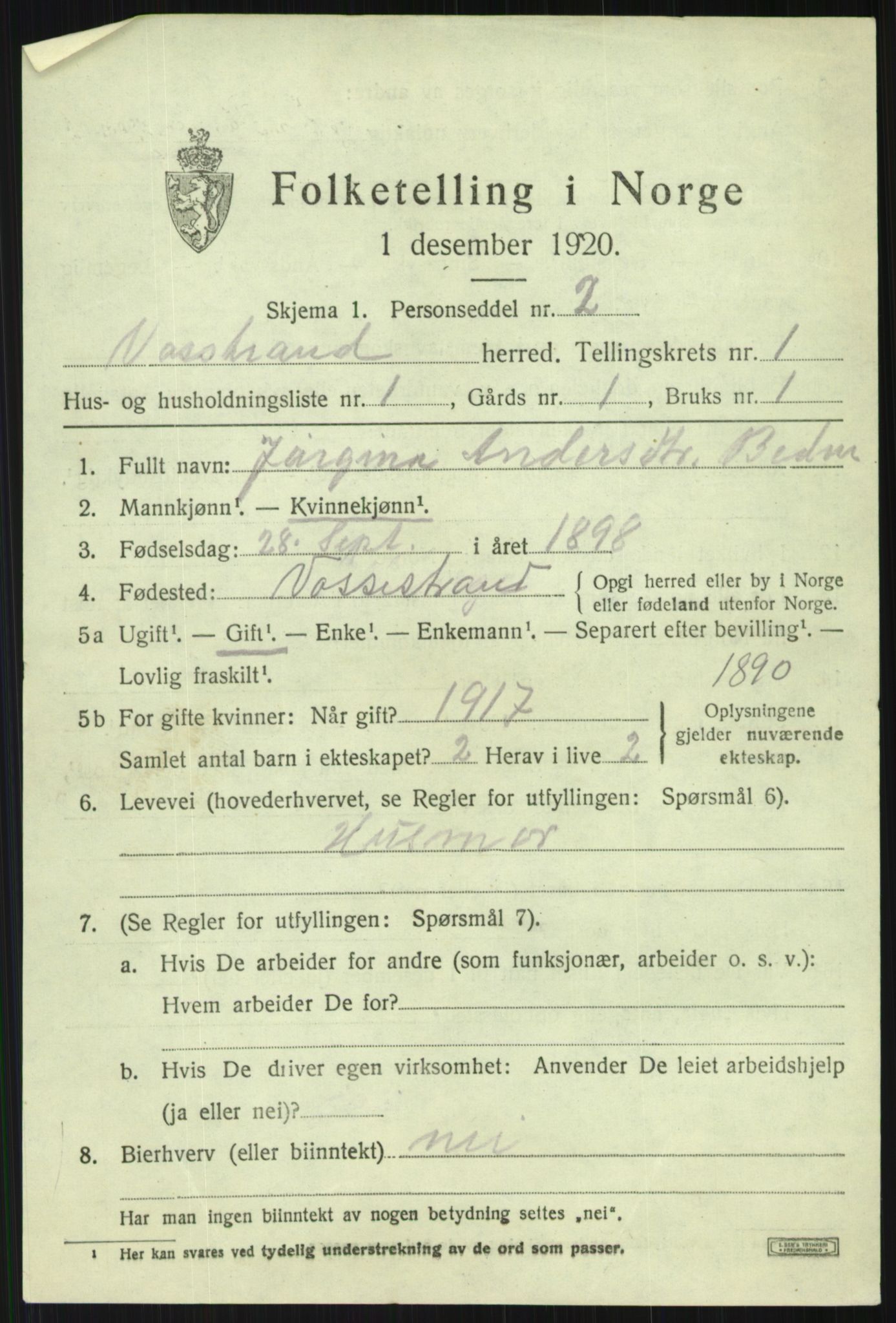 SAB, 1920 census for Vossestrand, 1920, p. 718