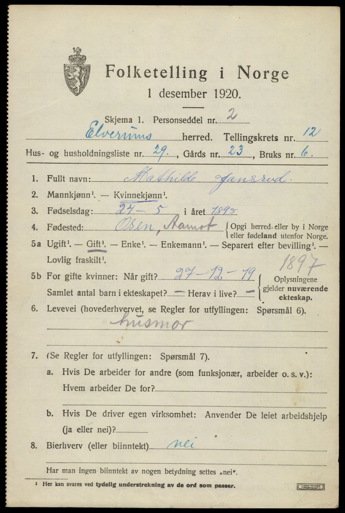 SAH, 1920 census for Elverum, 1920, p. 17254