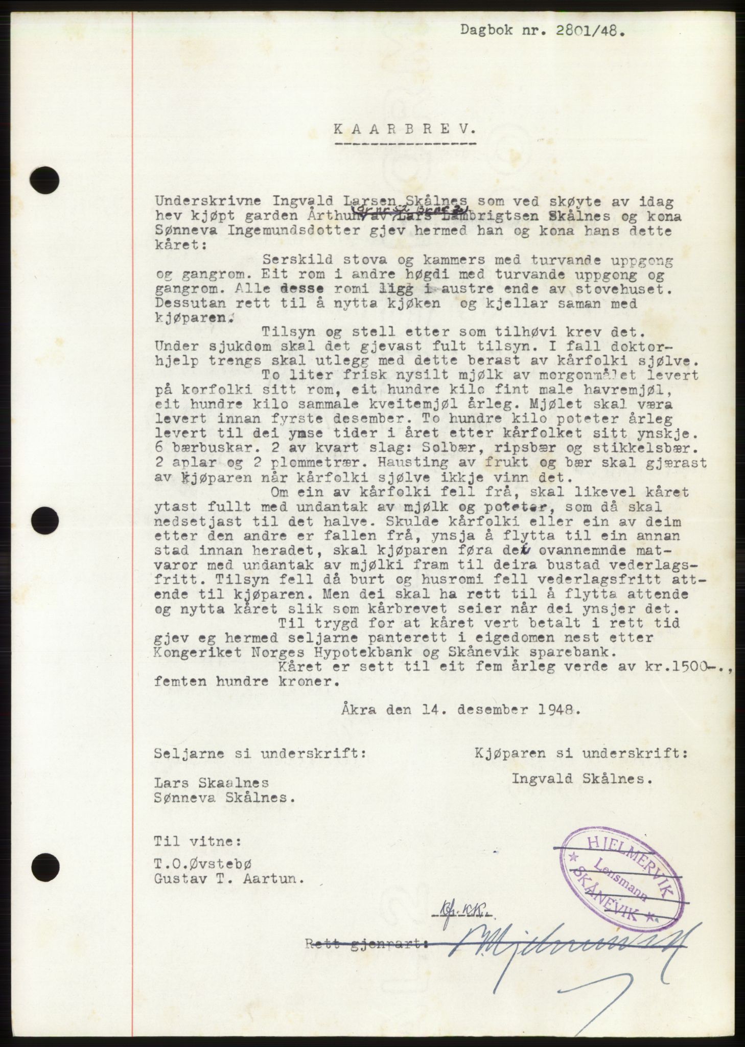 Sunnhordland sorenskrivar, AV/SAB-A-2401: Mortgage book no. B75-79, 1948-1950, Diary no: : 2801/1948