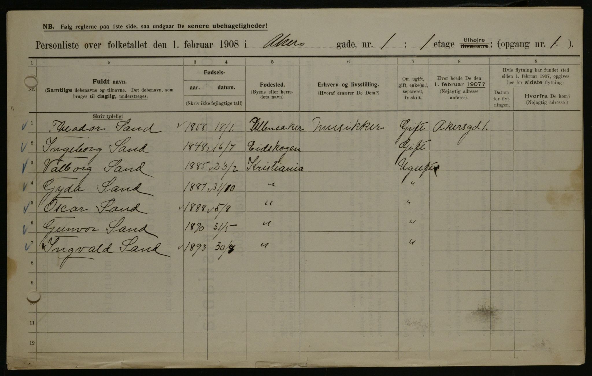 OBA, Municipal Census 1908 for Kristiania, 1908, p. 309