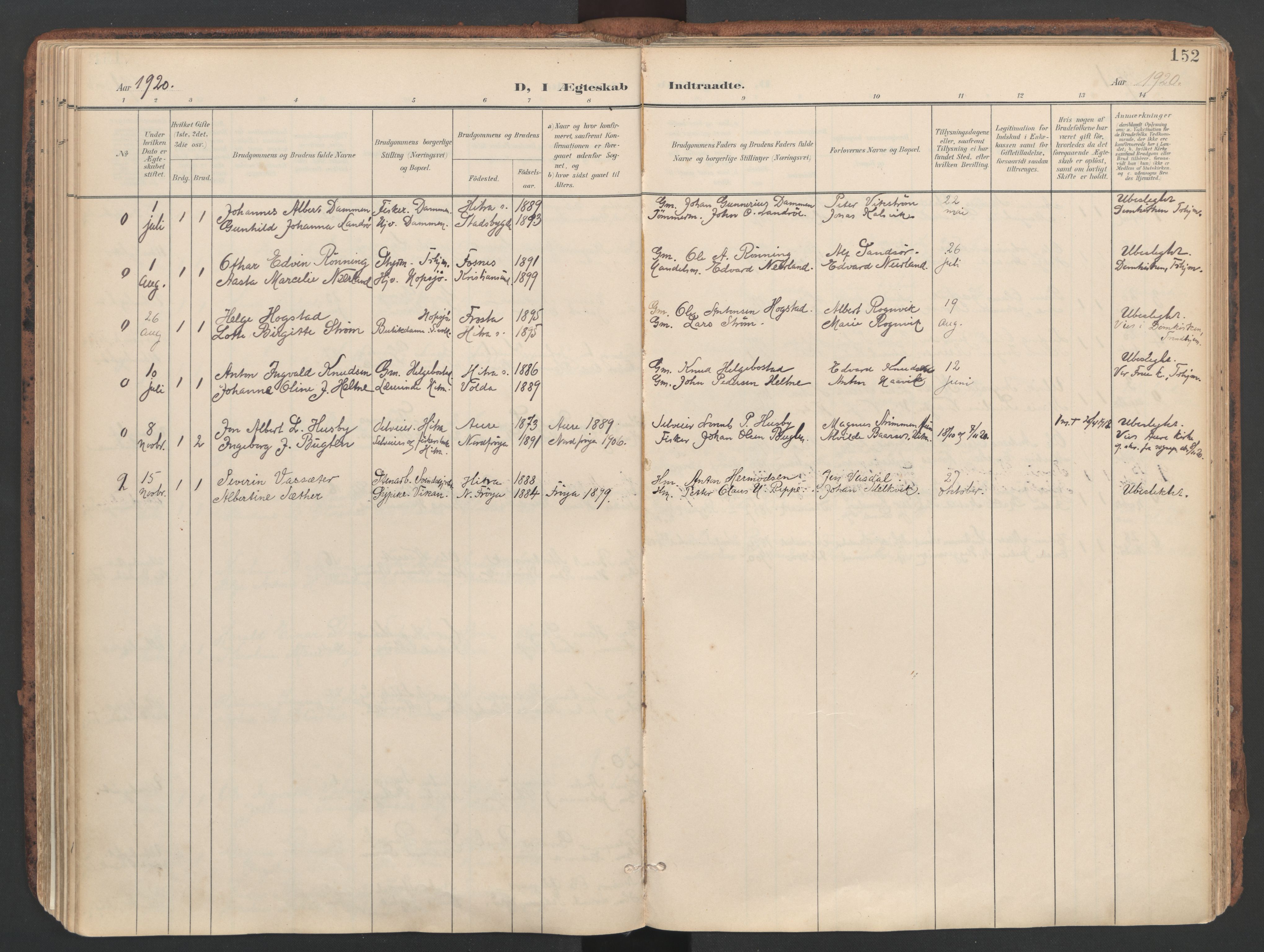Ministerialprotokoller, klokkerbøker og fødselsregistre - Sør-Trøndelag, SAT/A-1456/634/L0537: Parish register (official) no. 634A13, 1896-1922, p. 152