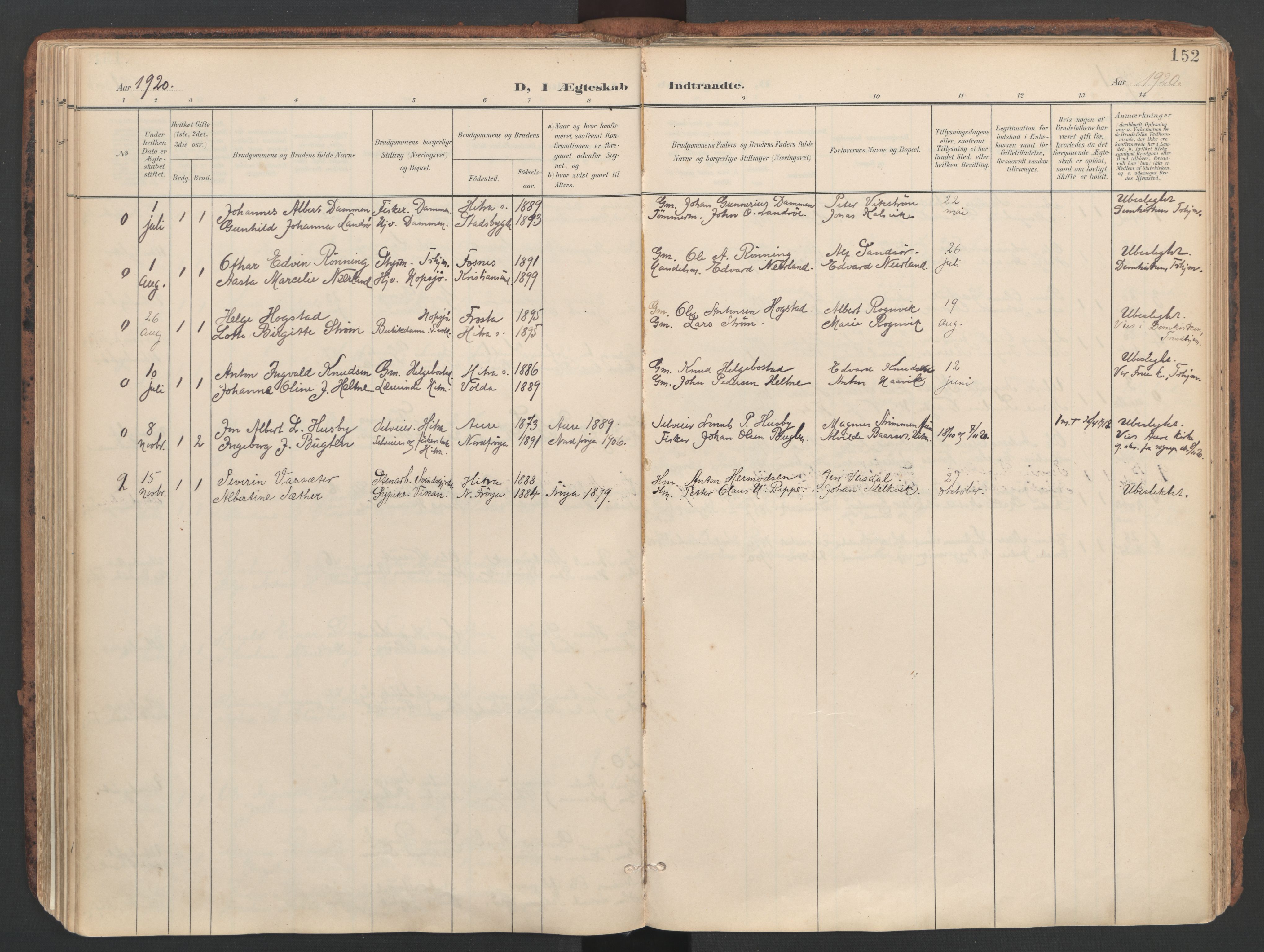 Ministerialprotokoller, klokkerbøker og fødselsregistre - Sør-Trøndelag, AV/SAT-A-1456/634/L0537: Parish register (official) no. 634A13, 1896-1922, p. 152