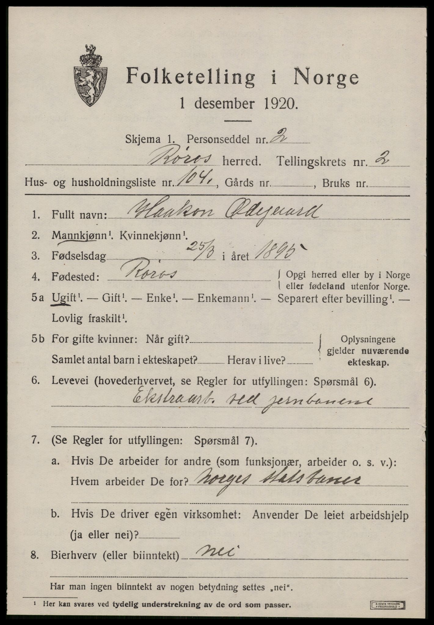 SAT, 1920 census for Røros, 1920, p. 3896