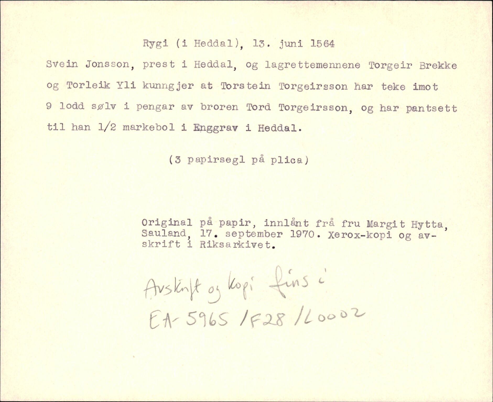 Riksarkivets diplomsamling, AV/RA-EA-5965/F35/F35d/L0001: Innlånte diplomer, seddelregister, 1316-1591, p. 329