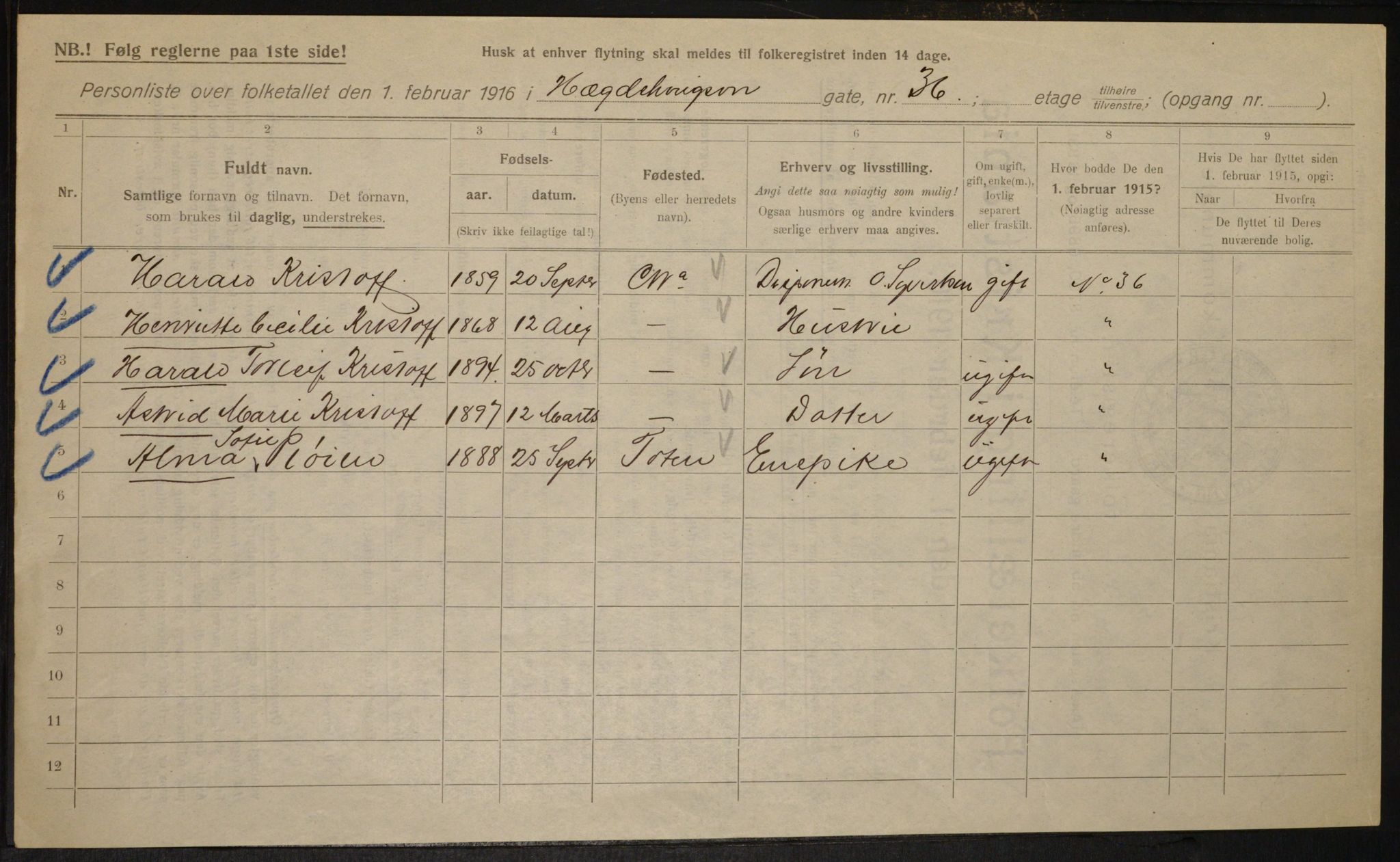 OBA, Municipal Census 1916 for Kristiania, 1916, p. 37186