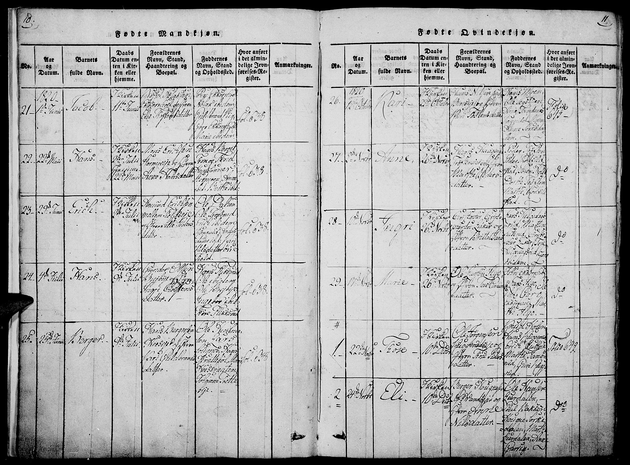 Nord-Odal prestekontor, AV/SAH-PREST-032/H/Ha/Haa/L0001: Parish register (official) no. 1, 1819-1838, p. 10-11