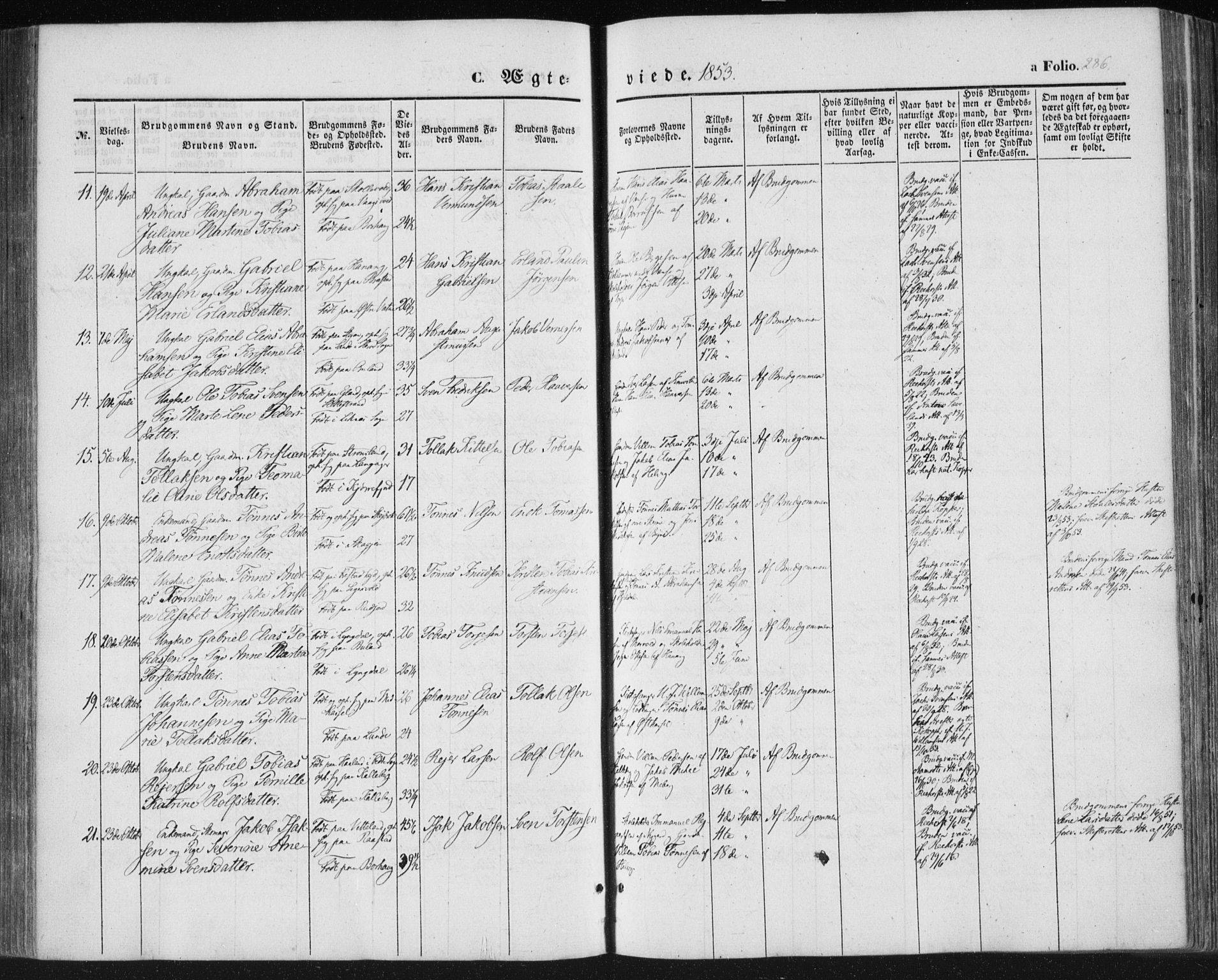 Lista sokneprestkontor, SAK/1111-0027/F/Fa/L0010: Parish register (official) no. A 10, 1846-1861, p. 286