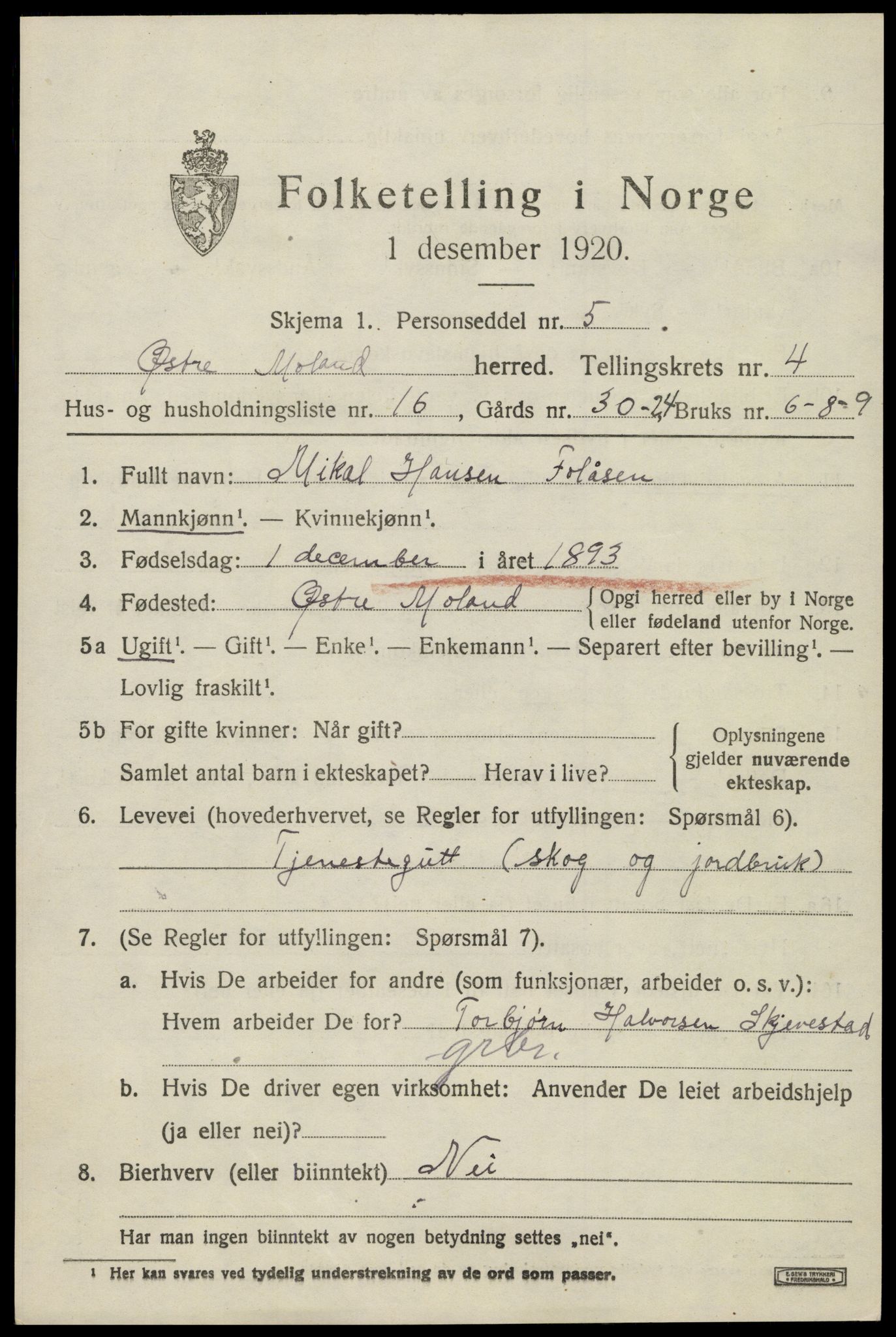 SAK, 1920 census for Austre Moland, 1920, p. 2229