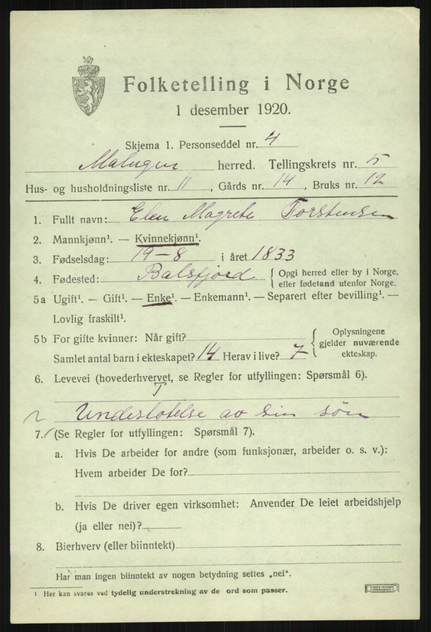 SATØ, 1920 census for Malangen, 1920, p. 2036