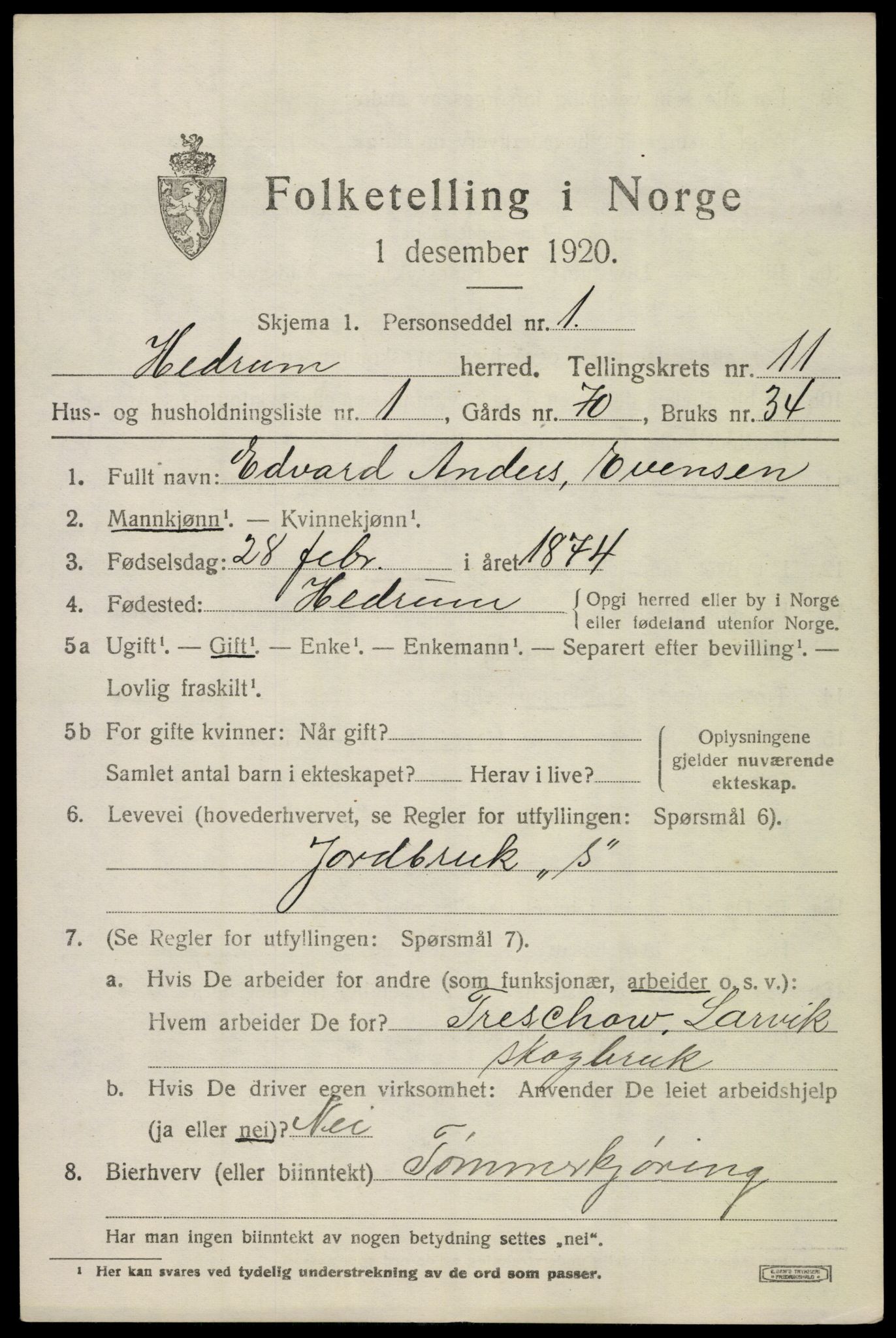 SAKO, 1920 census for Hedrum, 1920, p. 7605