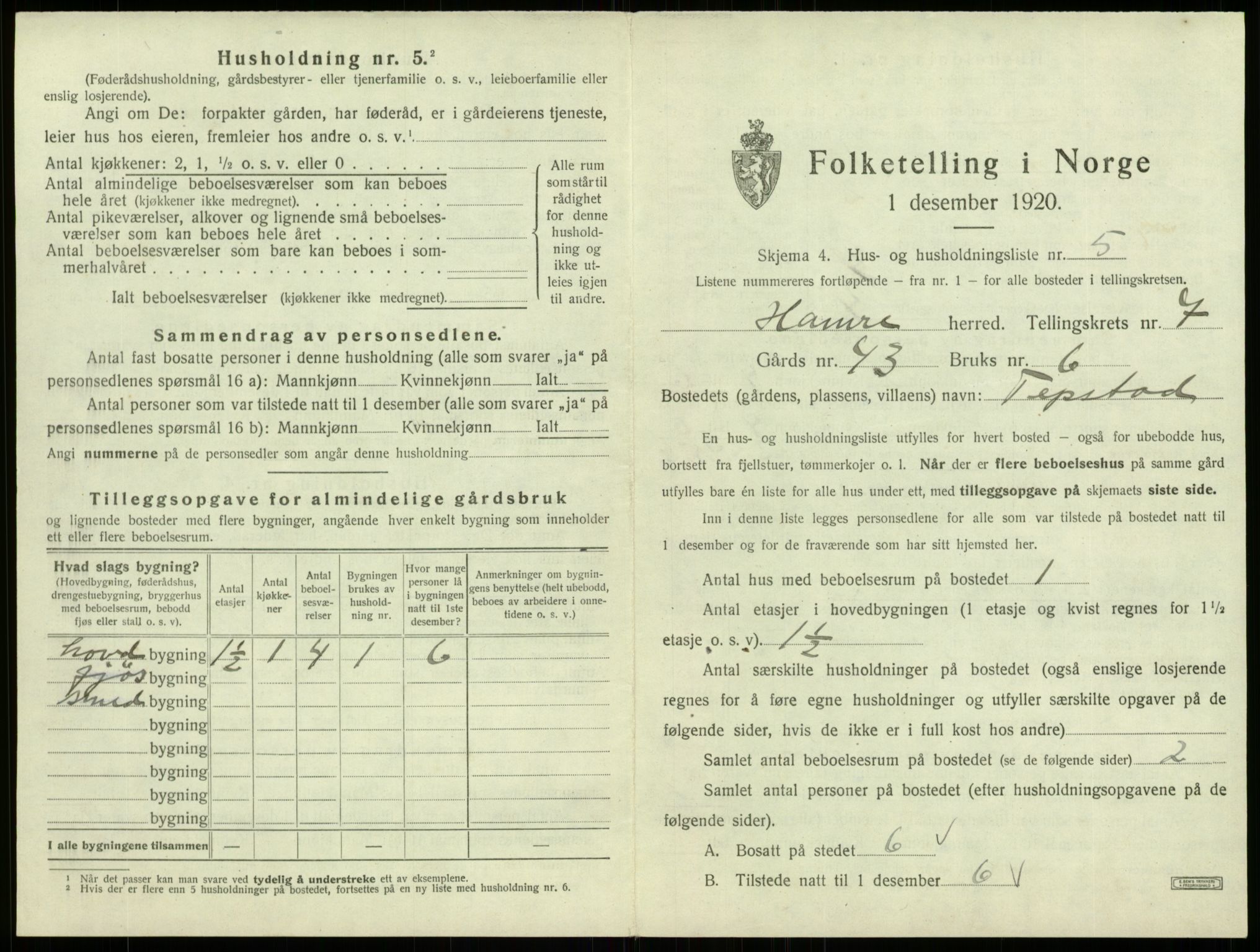 SAB, 1920 census for Hamre, 1920, p. 618