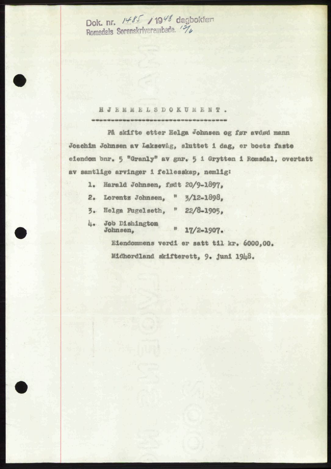 Romsdal sorenskriveri, AV/SAT-A-4149/1/2/2C: Mortgage book no. A26, 1948-1948, Diary no: : 1485/1948