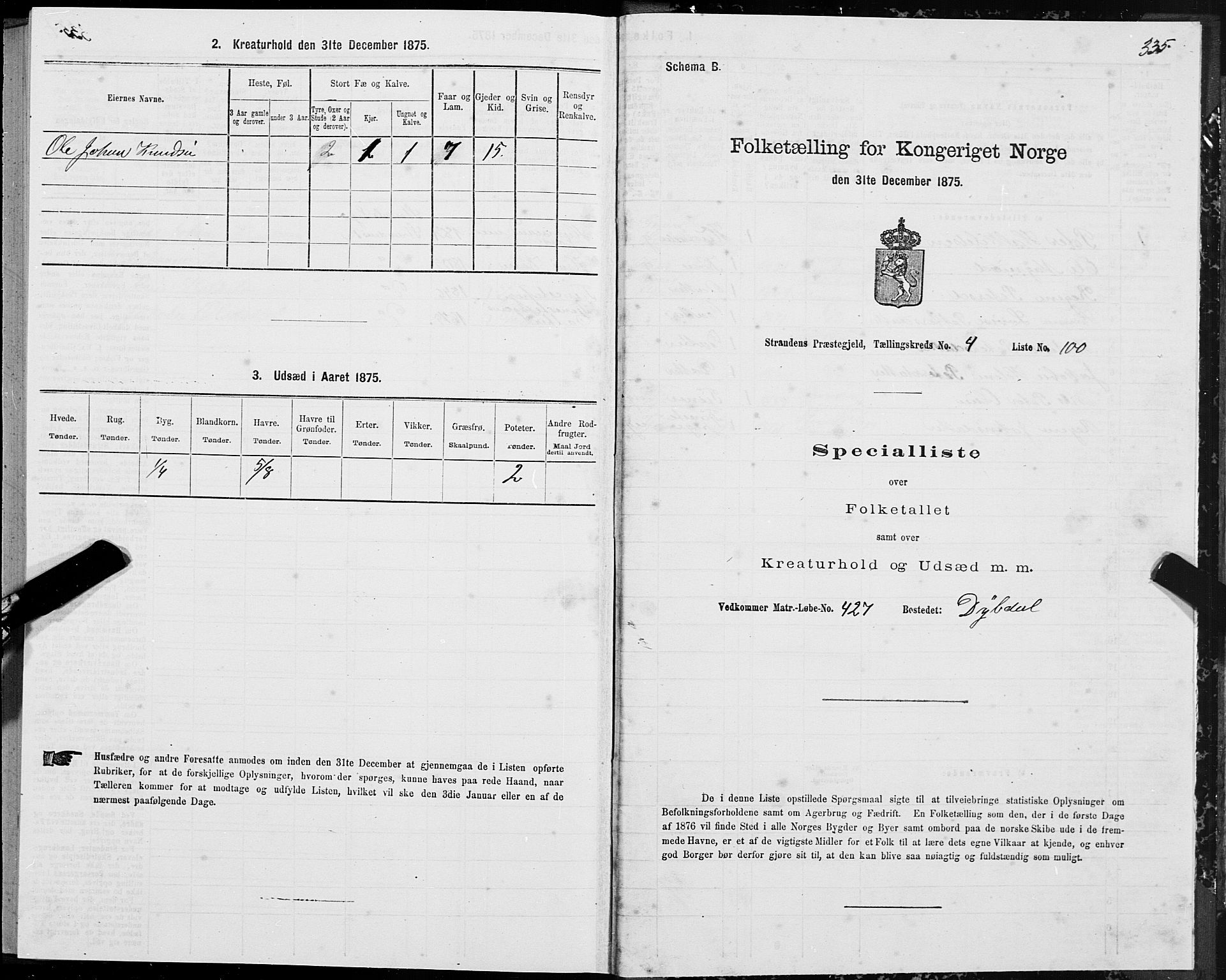 SAT, 1875 census for 1525P Stranda, 1875, p. 2335