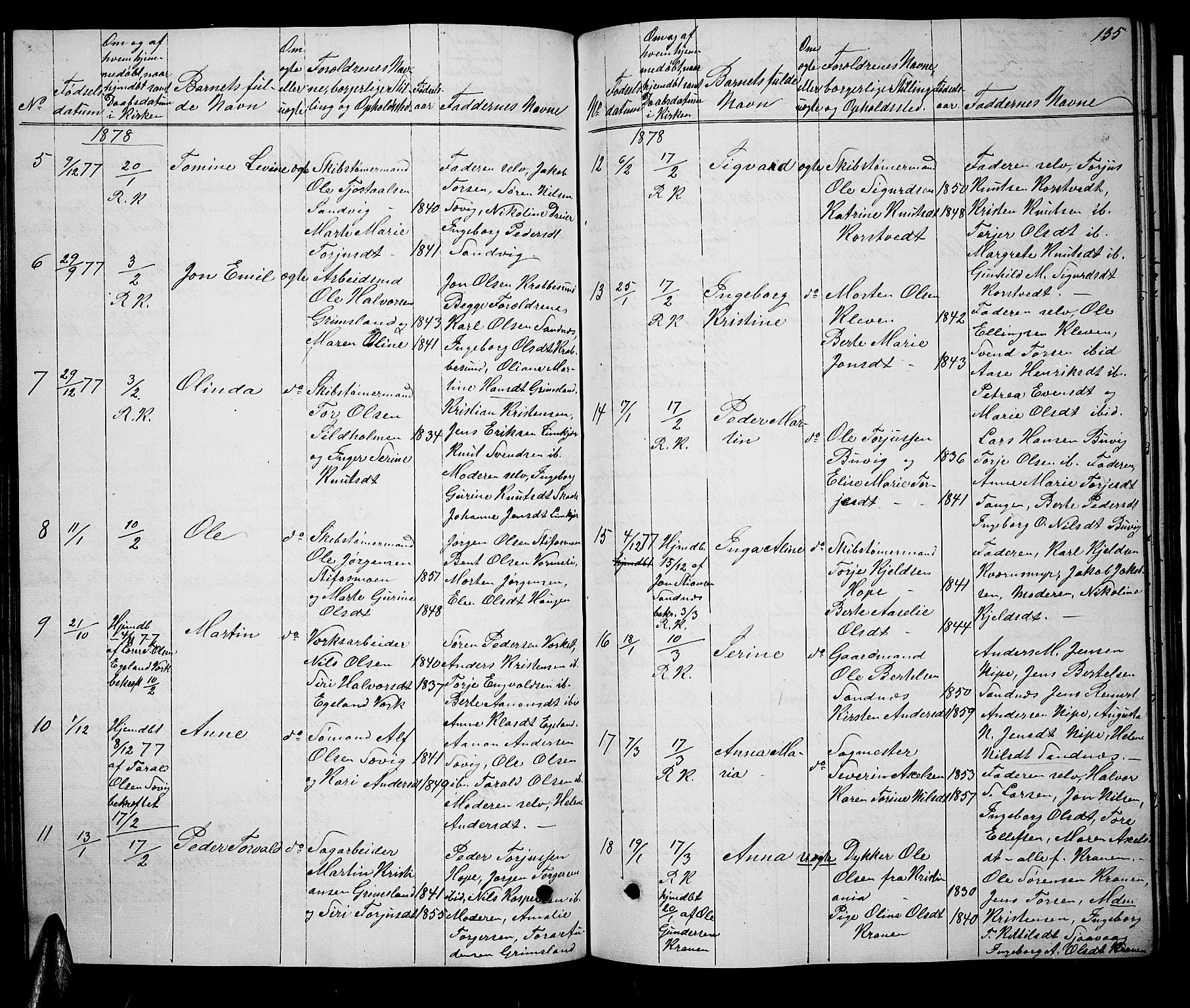 Søndeled sokneprestkontor, SAK/1111-0038/F/Fb/L0004: Parish register (copy) no. B 4, 1857-1884, p. 135