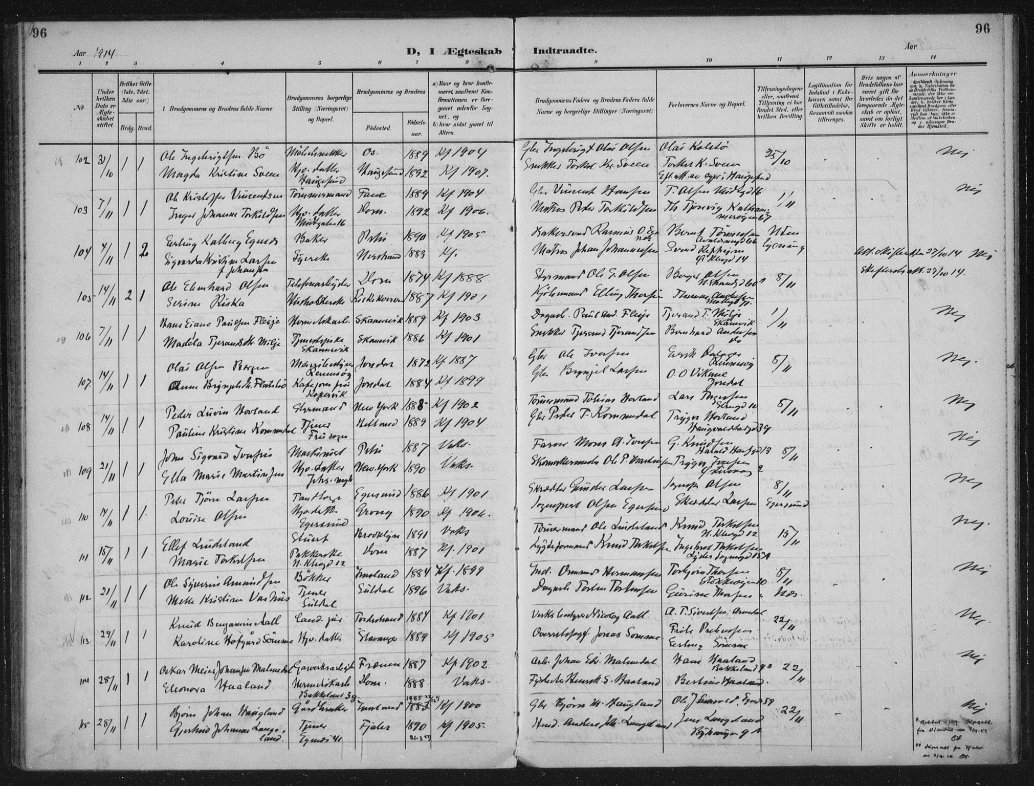 Domkirken sokneprestkontor, SAST/A-101812/002/A/L0016: Parish register (official) no. A 33, 1905-1922, p. 96