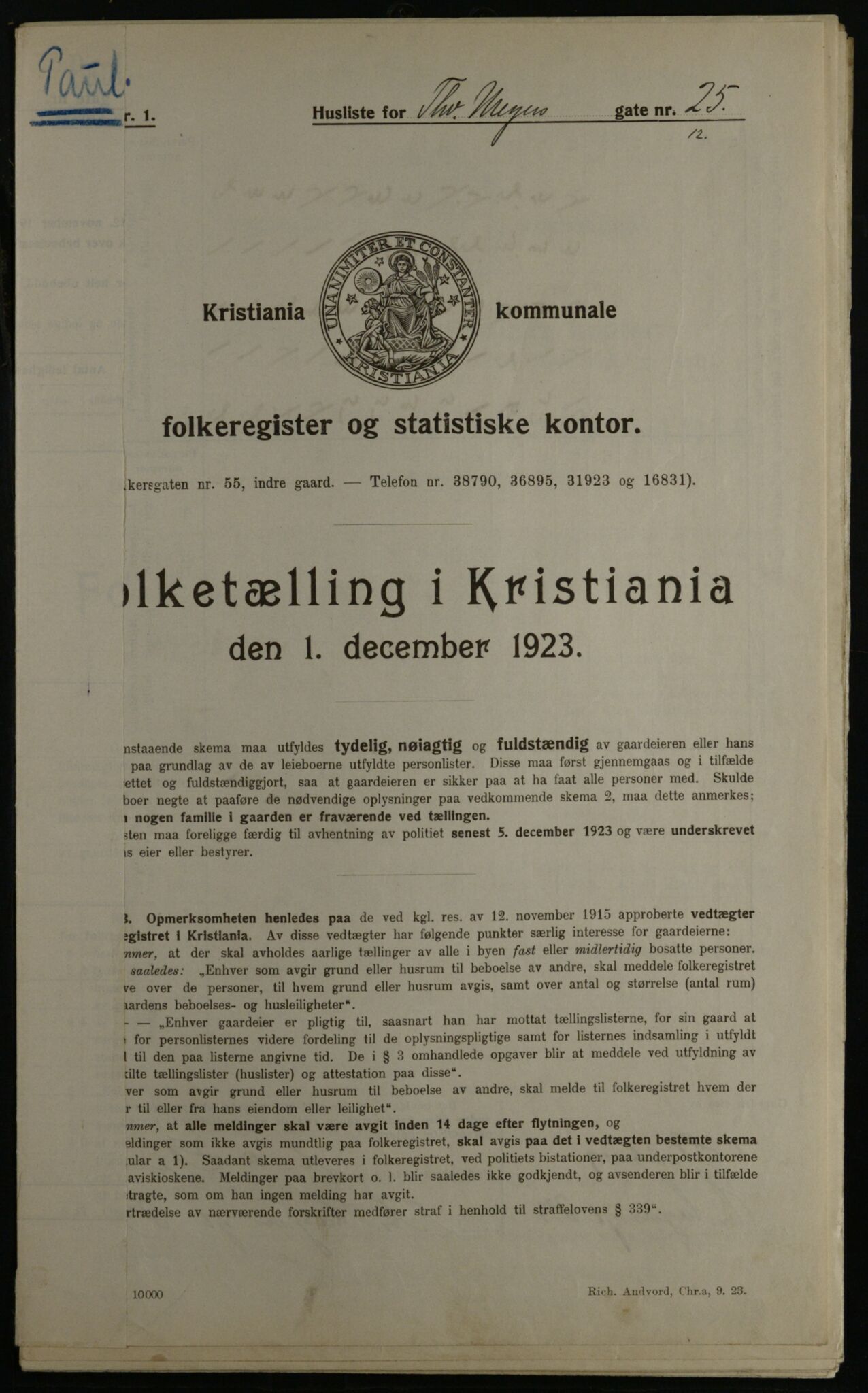 OBA, Municipal Census 1923 for Kristiania, 1923, p. 121480