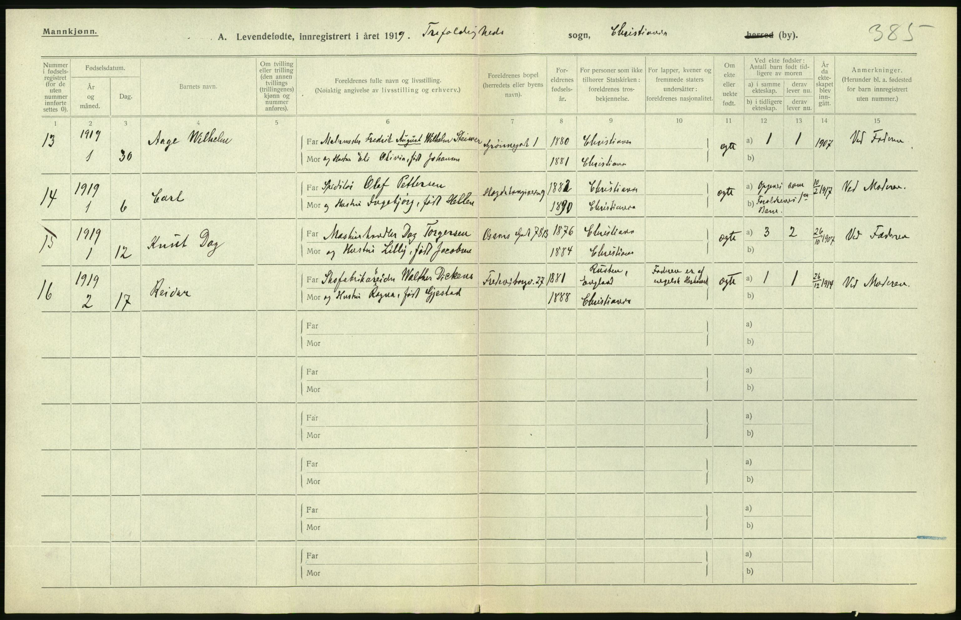 Statistisk sentralbyrå, Sosiodemografiske emner, Befolkning, AV/RA-S-2228/D/Df/Dfb/Dfbi/L0007: Kristiania: Levendefødte menn og kvinner., 1919, p. 322