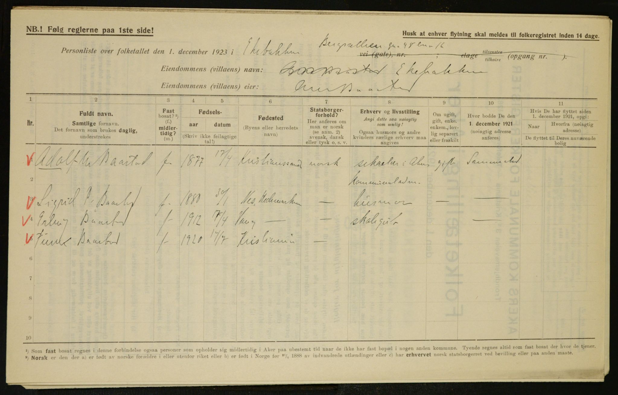 , Municipal Census 1923 for Aker, 1923, p. 7747