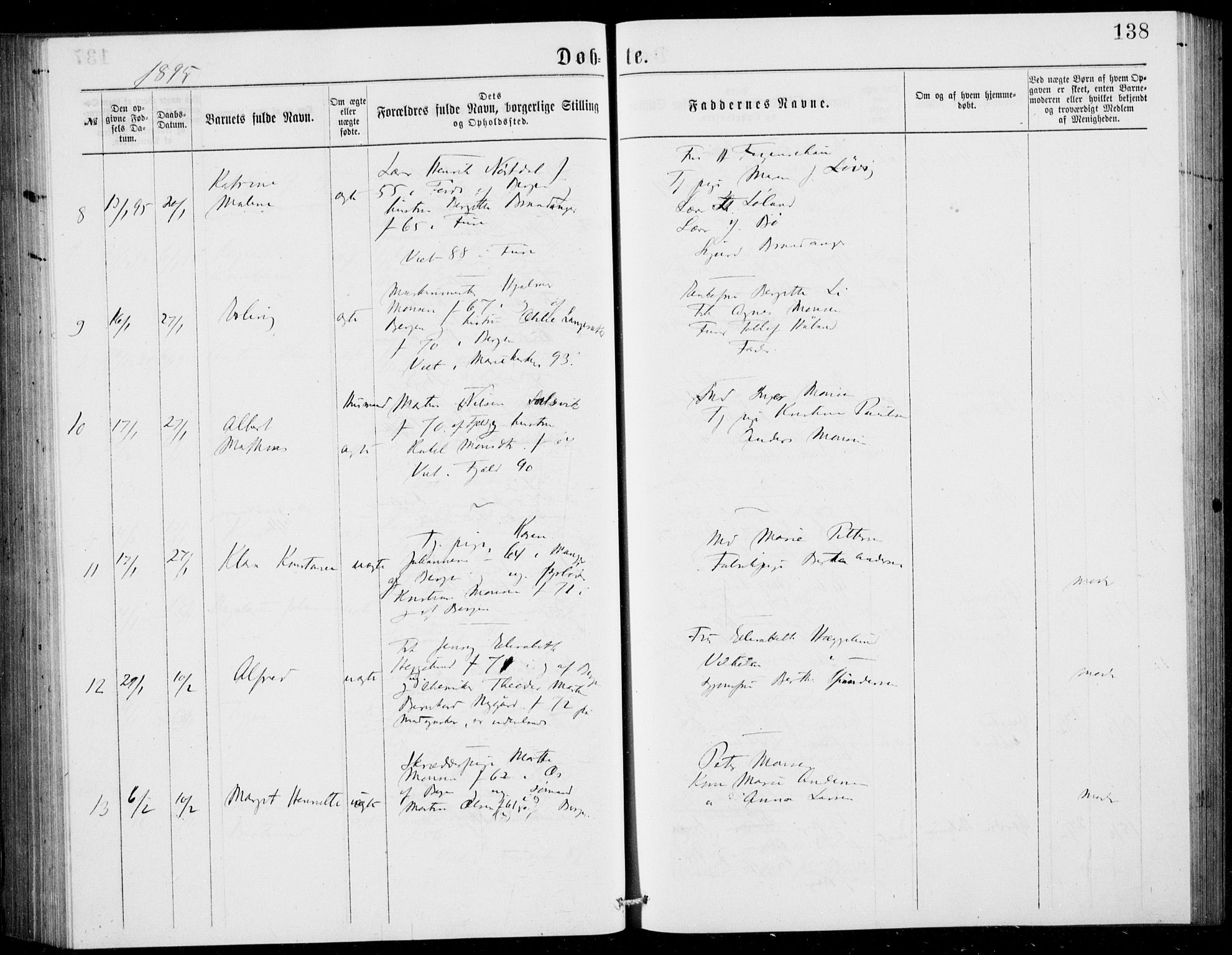 Fødselsstiftelsens sokneprestembete, ført av overlegen*, SAB/-: Parish register (official) no. A 2, 1884-1900, p. 138