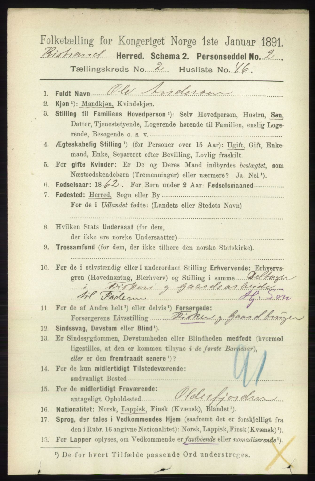 RA, 1891 census for 2020 Kistrand, 1891, p. 851