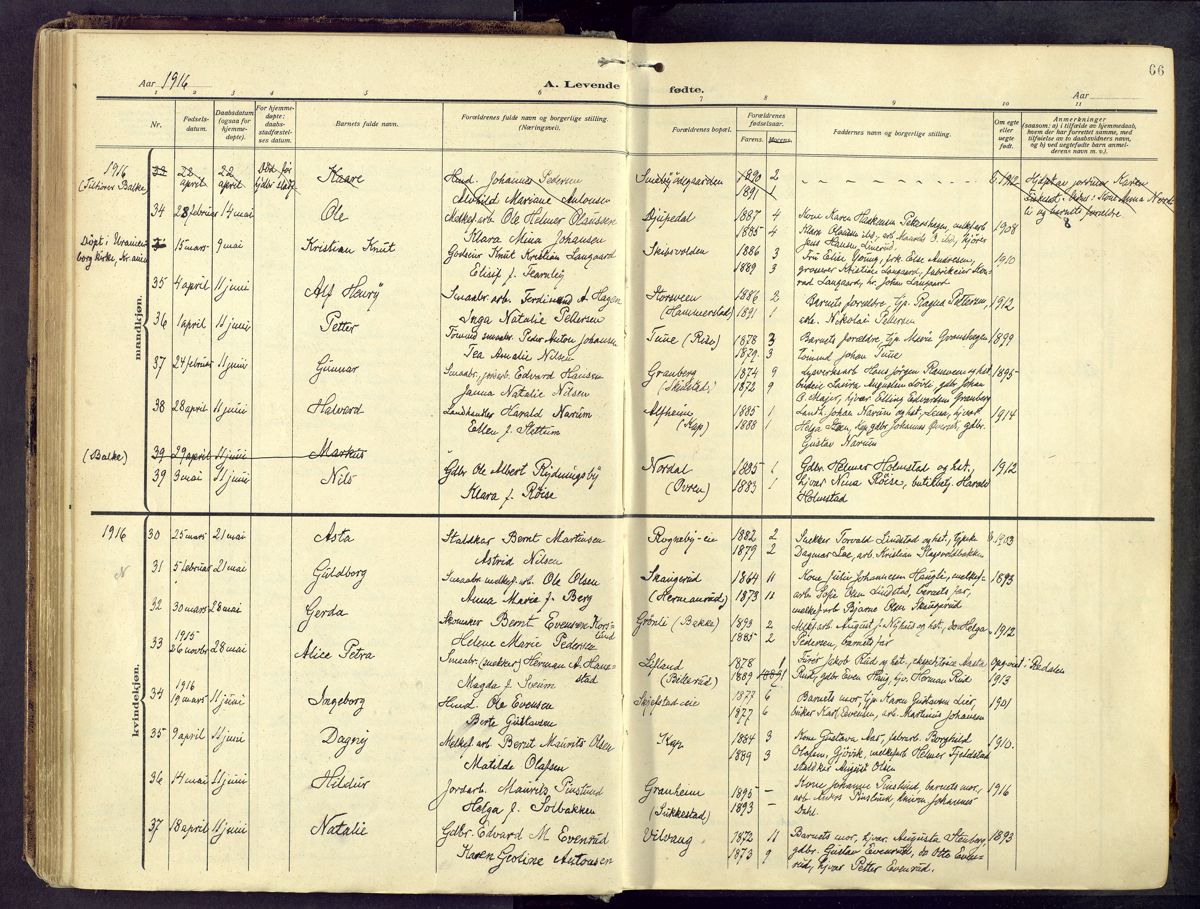 Østre Toten prestekontor, AV/SAH-PREST-104/H/Ha/Haa/L0010: Parish register (official) no. 10, 1910-1920, p. 66