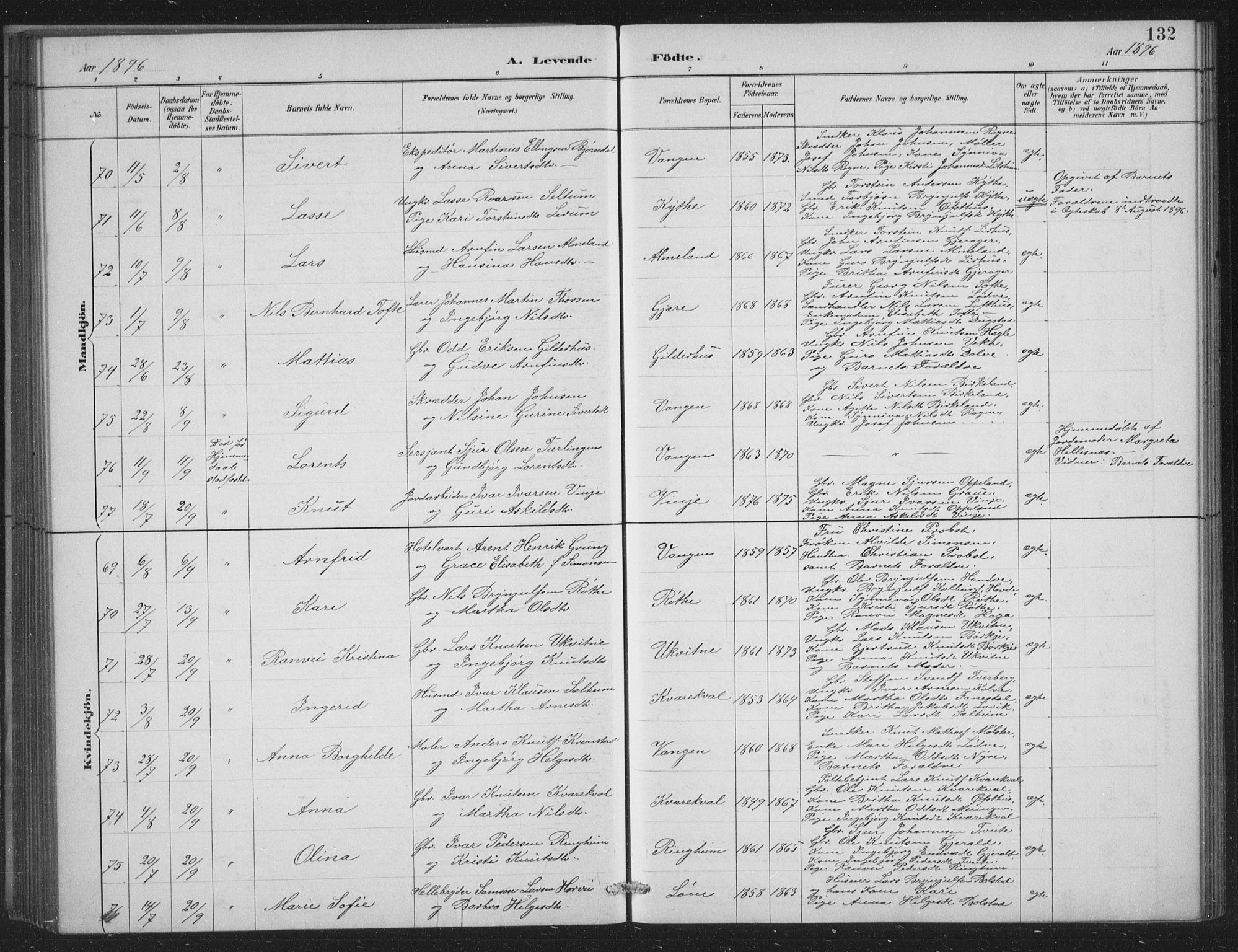 Voss sokneprestembete, AV/SAB-A-79001/H/Hab: Parish register (copy) no. C 1, 1886-1899, p. 132