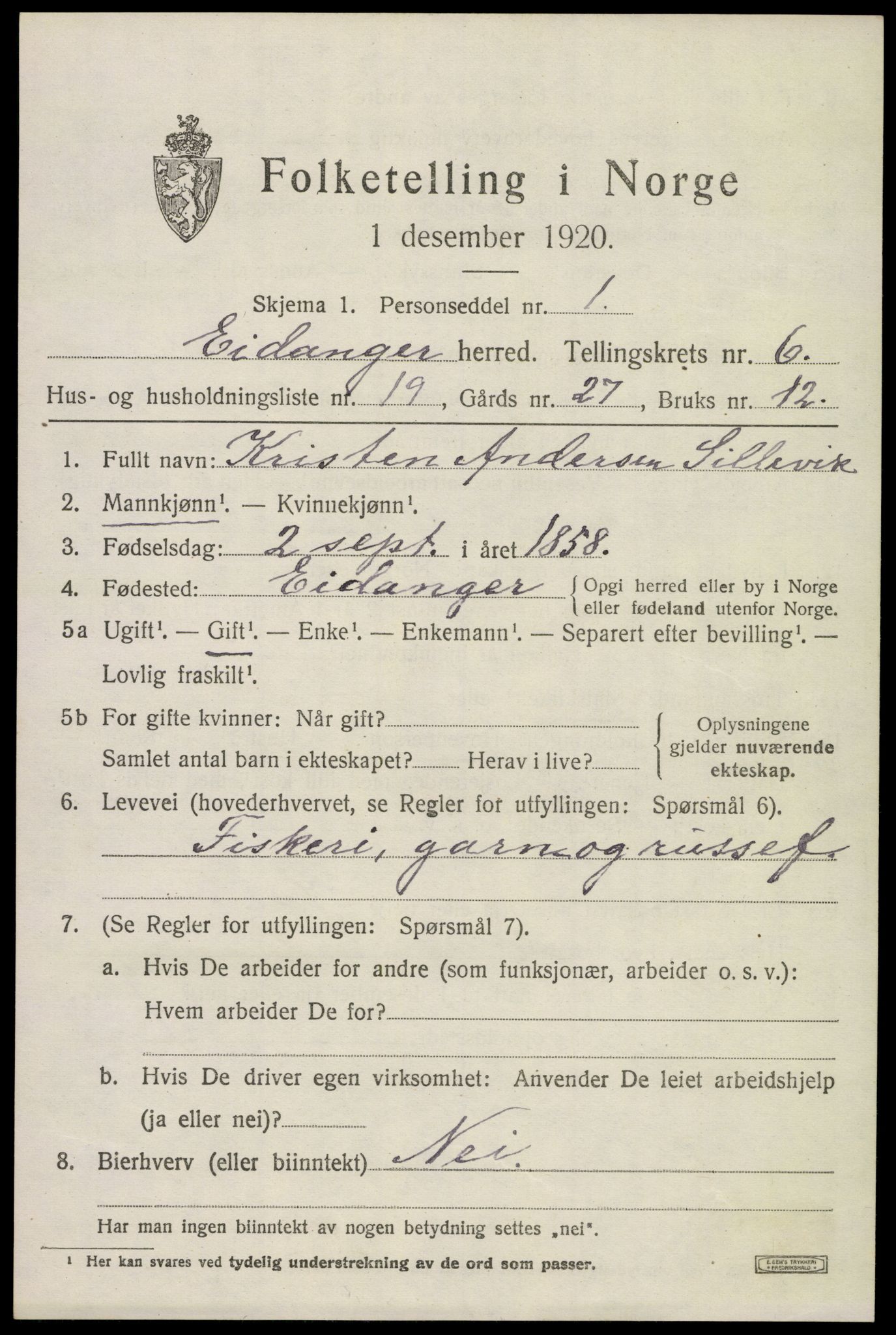 SAKO, 1920 census for Eidanger, 1920, p. 5258