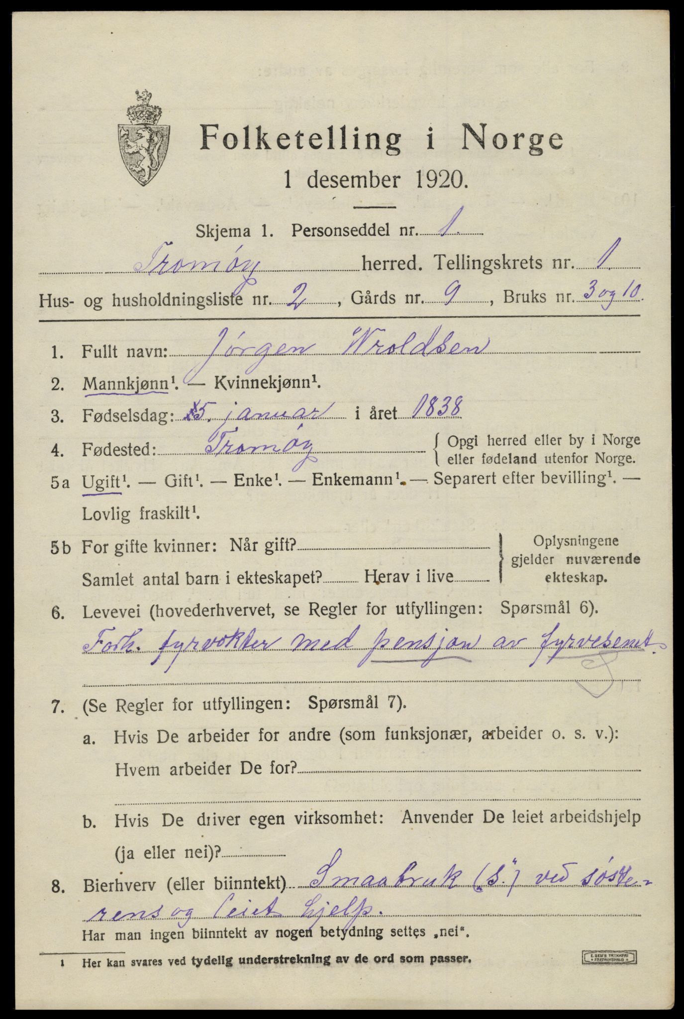SAK, 1920 census for Tromøy, 1920, p. 1073