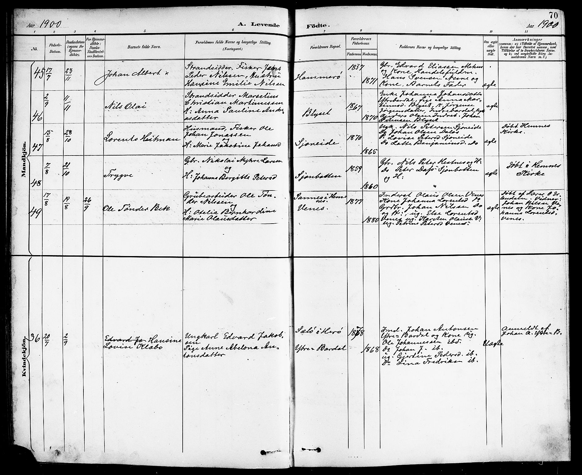 Ministerialprotokoller, klokkerbøker og fødselsregistre - Nordland, AV/SAT-A-1459/838/L0559: Parish register (copy) no. 838C06, 1893-1910, p. 70