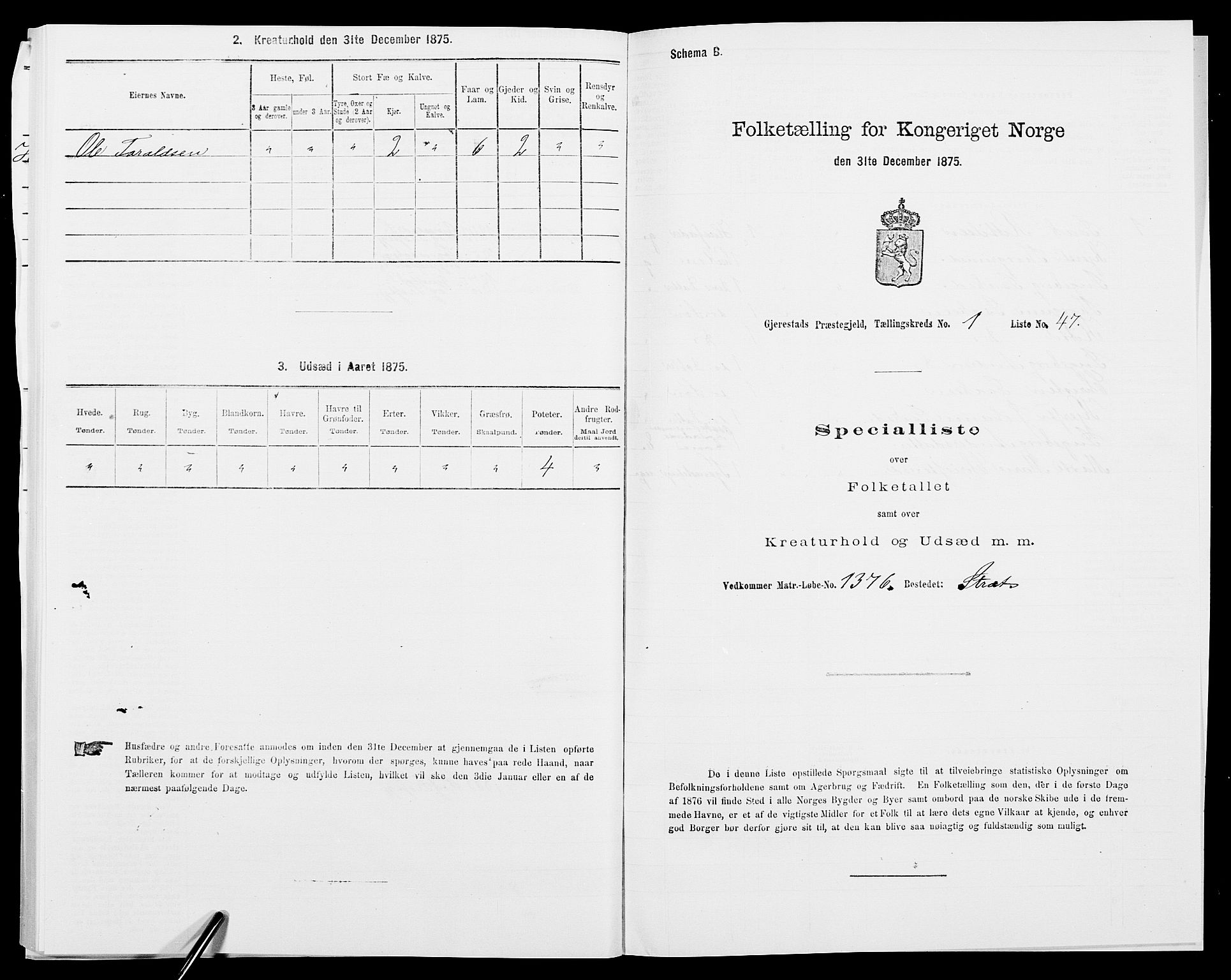 SAK, 1875 census for 0911P Gjerstad, 1875, p. 135