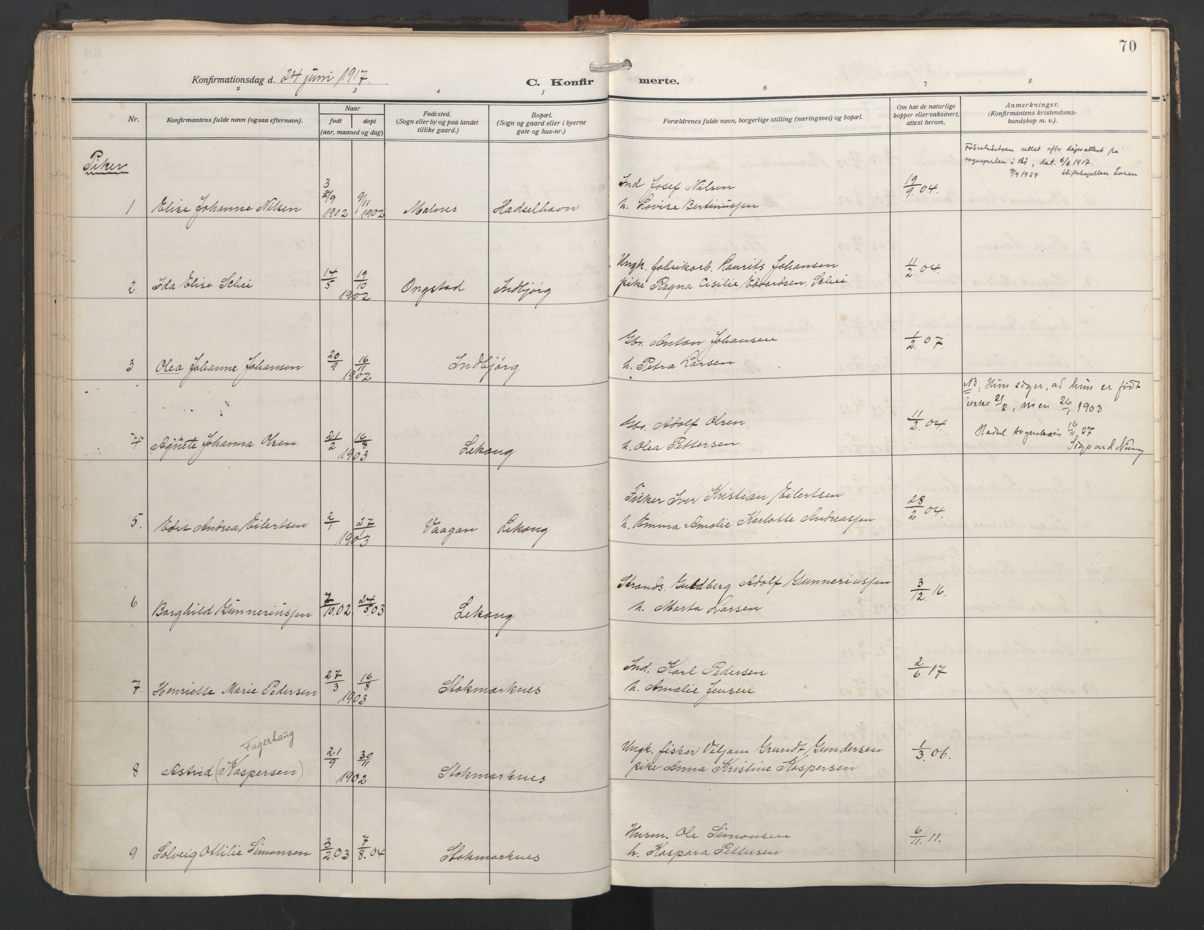 Ministerialprotokoller, klokkerbøker og fødselsregistre - Nordland, AV/SAT-A-1459/888/L1249: Parish register (official) no. 888A15, 1911-1929, p. 70