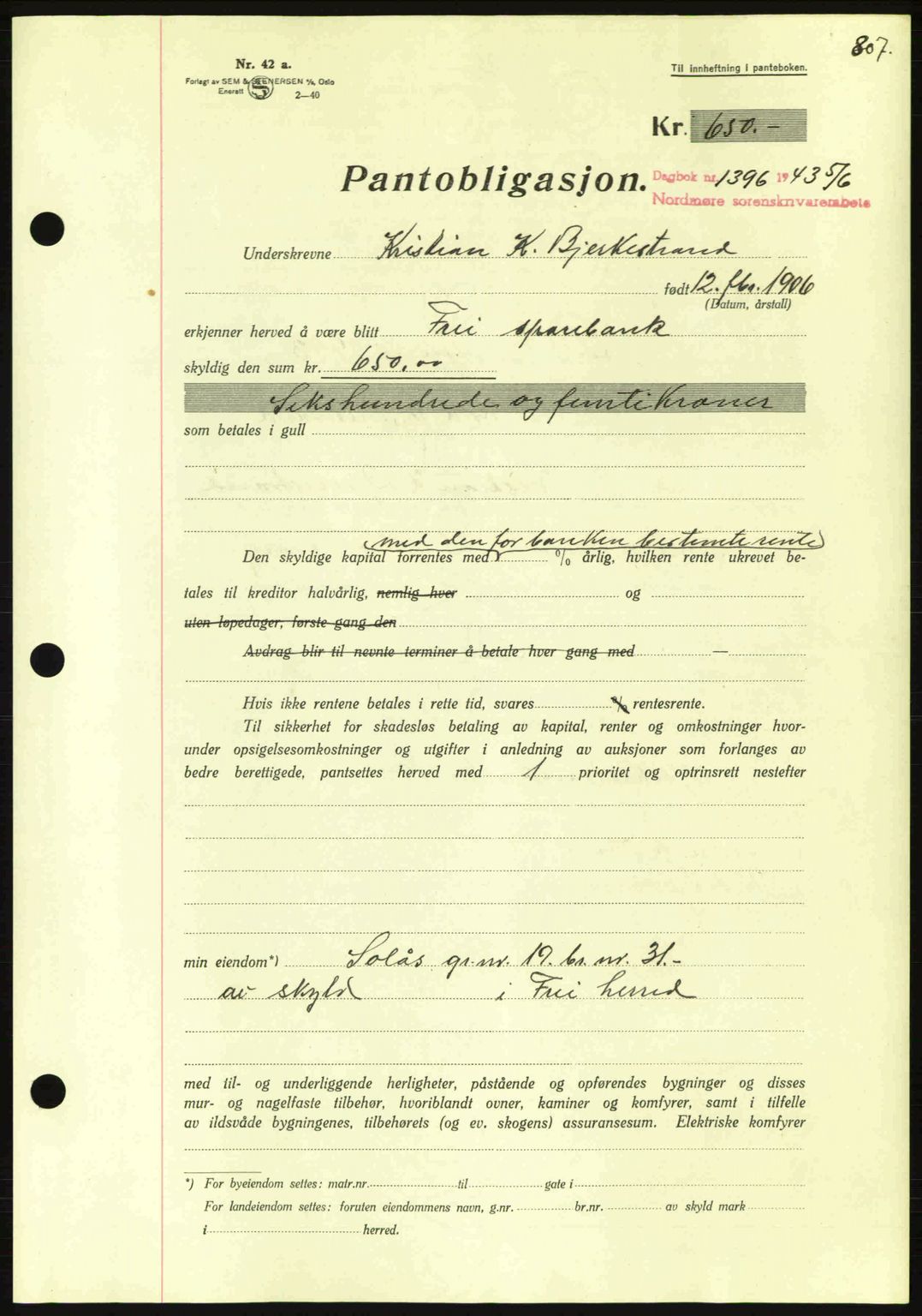 Nordmøre sorenskriveri, AV/SAT-A-4132/1/2/2Ca: Mortgage book no. B90, 1942-1943, Diary no: : 1396/1943