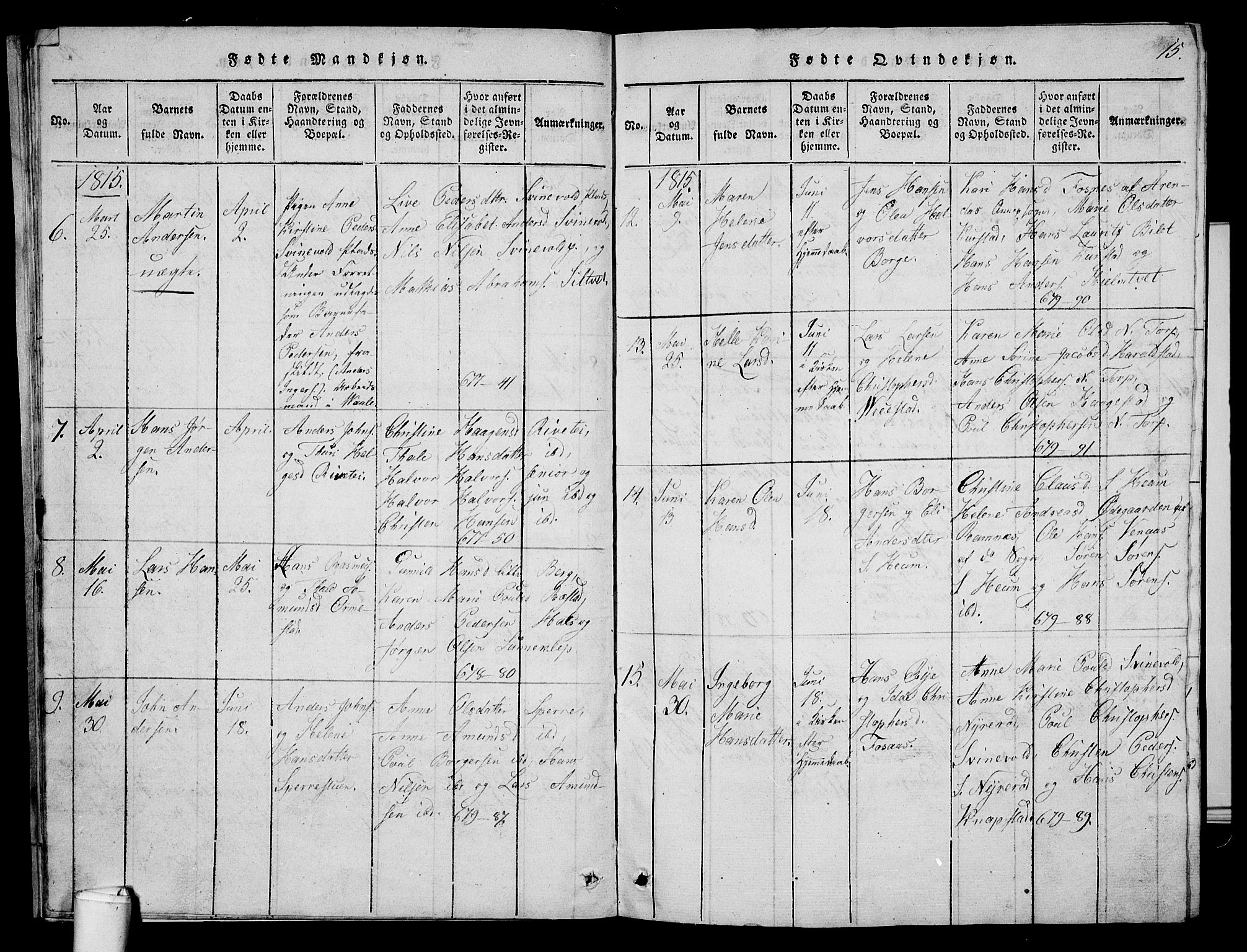 Våle kirkebøker, AV/SAKO-A-334/G/Ga/L0001: Parish register (copy) no. I 1, 1814-1824, p. 14-15