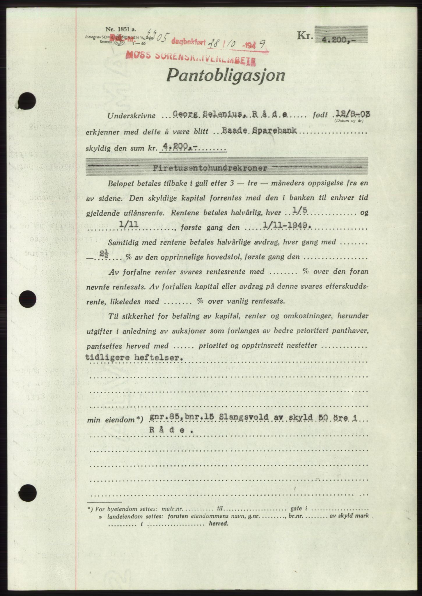 Moss sorenskriveri, SAO/A-10168: Mortgage book no. B23, 1949-1950, Diary no: : 3305/1949