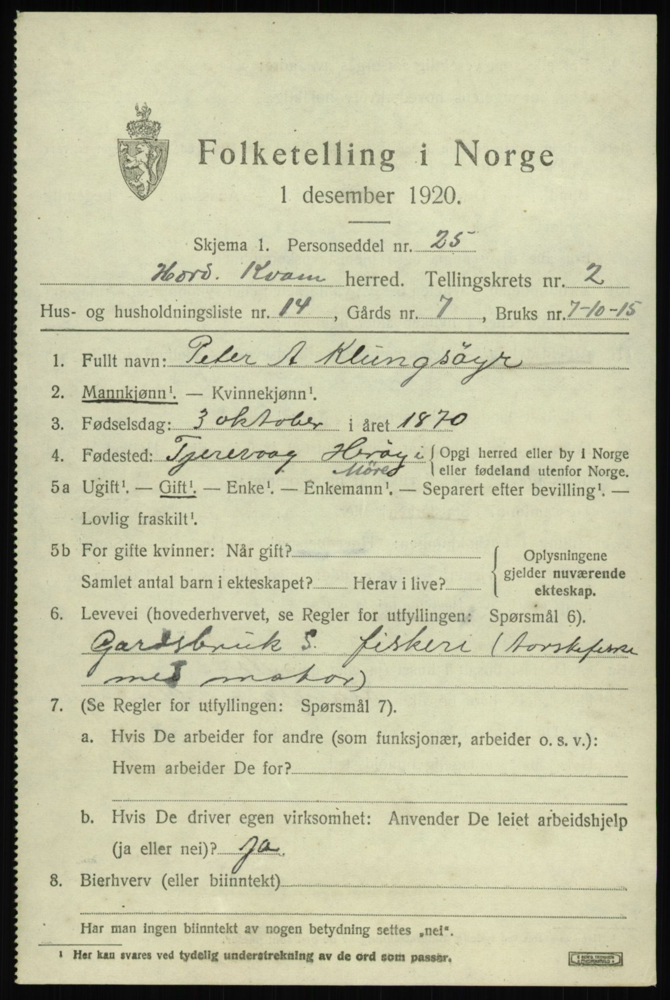 SAB, 1920 census for Kvam, 1920, p. 2019