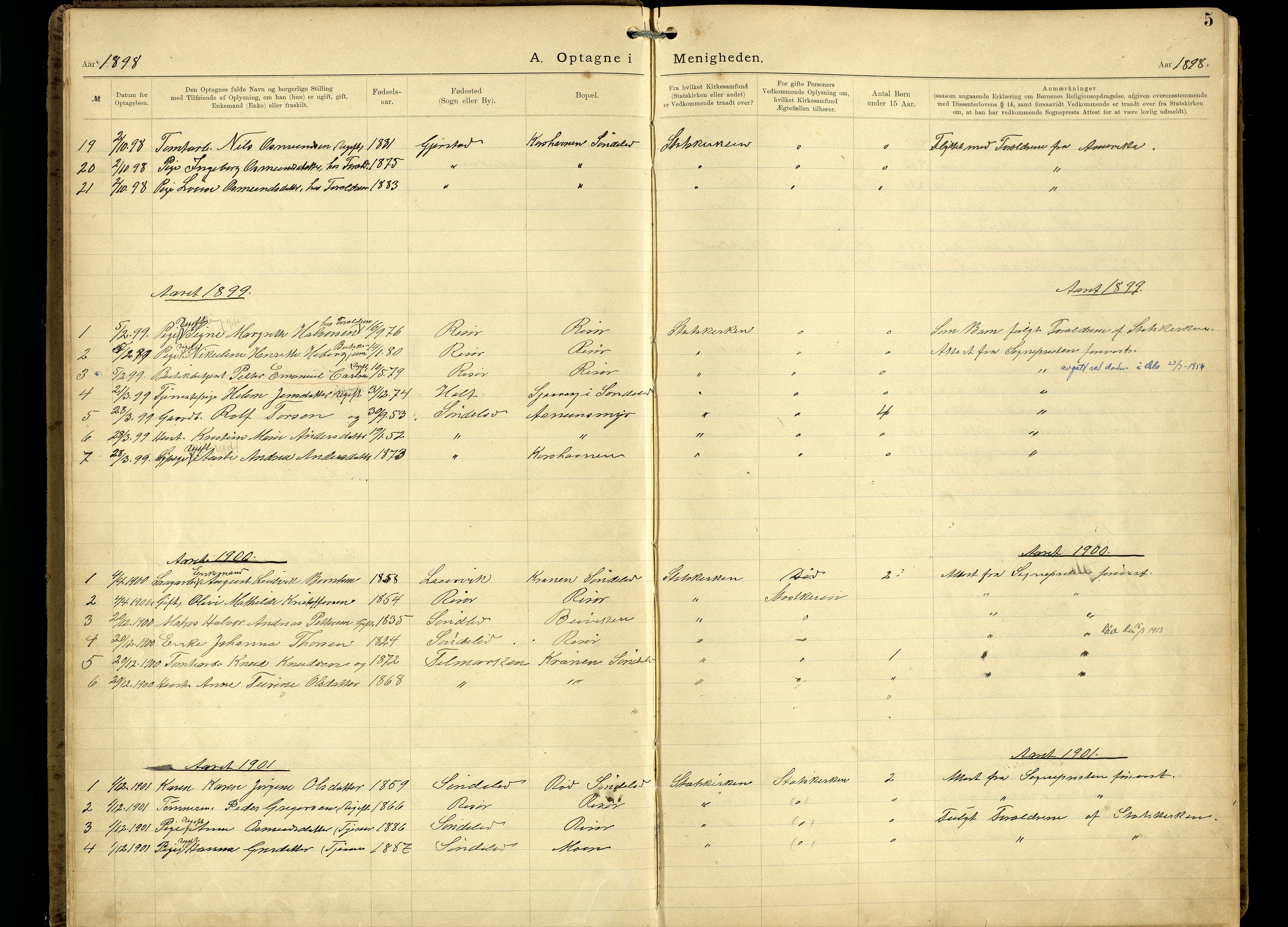 Den evangelisk-lutherske frimenighet, Risør, SAK/1292-0007/F/Fa/L0002: Dissenter register no. F 18, 1892-1954, p. 5