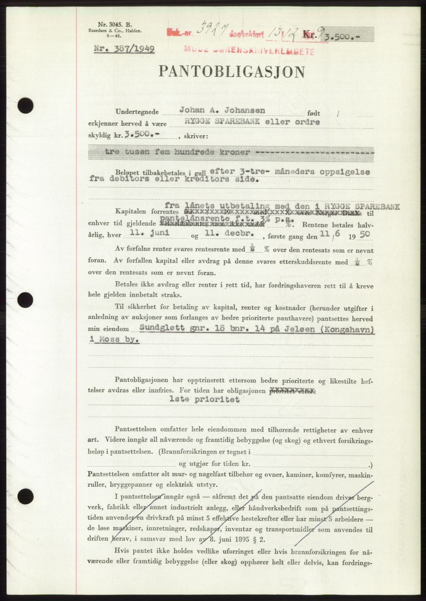 Moss sorenskriveri, SAO/A-10168: Mortgage book no. B23, 1949-1950, Diary no: : 3927/1949