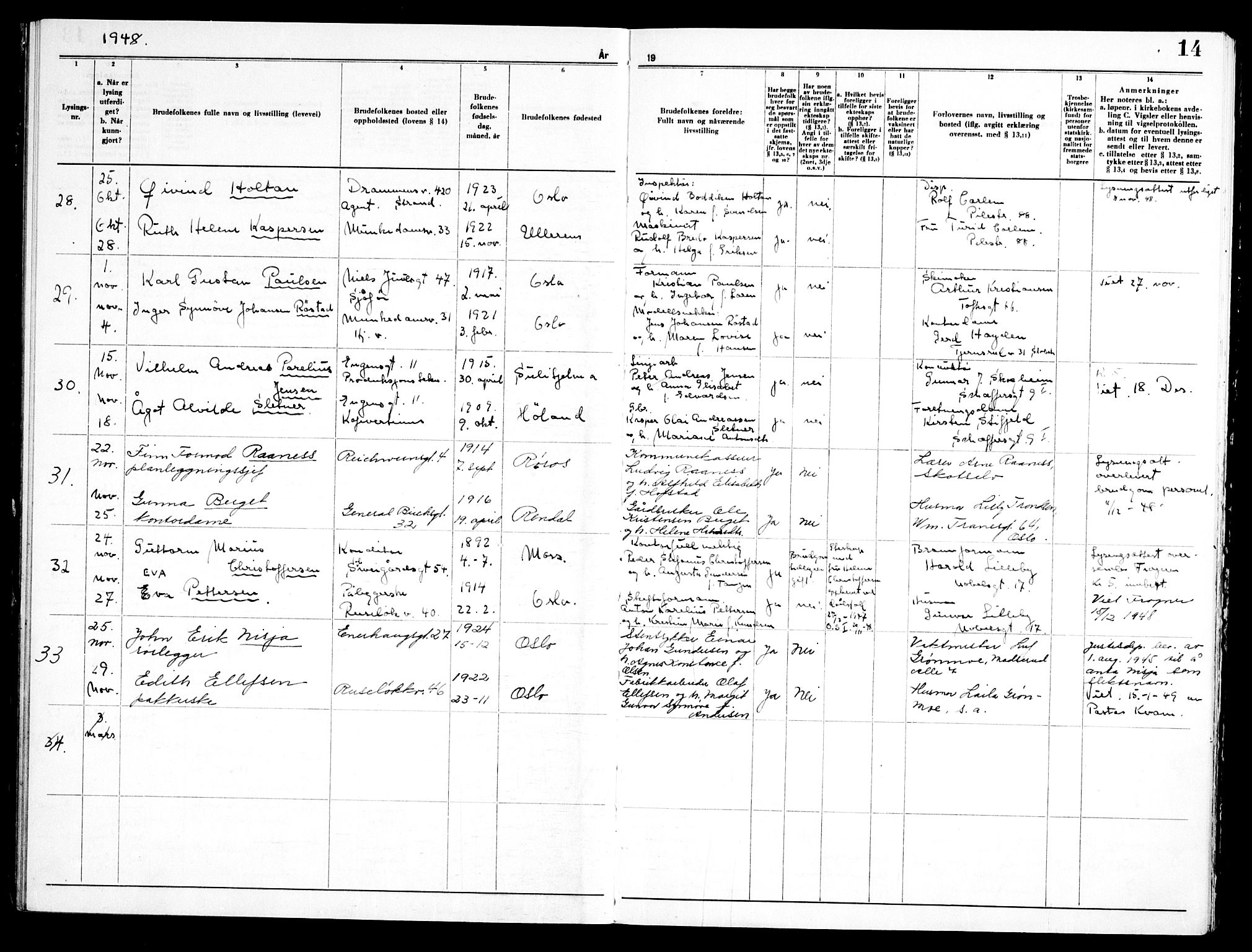 Piperviken prestekontor Kirkebøker, AV/SAO-A-10874/H/L0003: Banns register no. 3, 1945-1959, p. 14