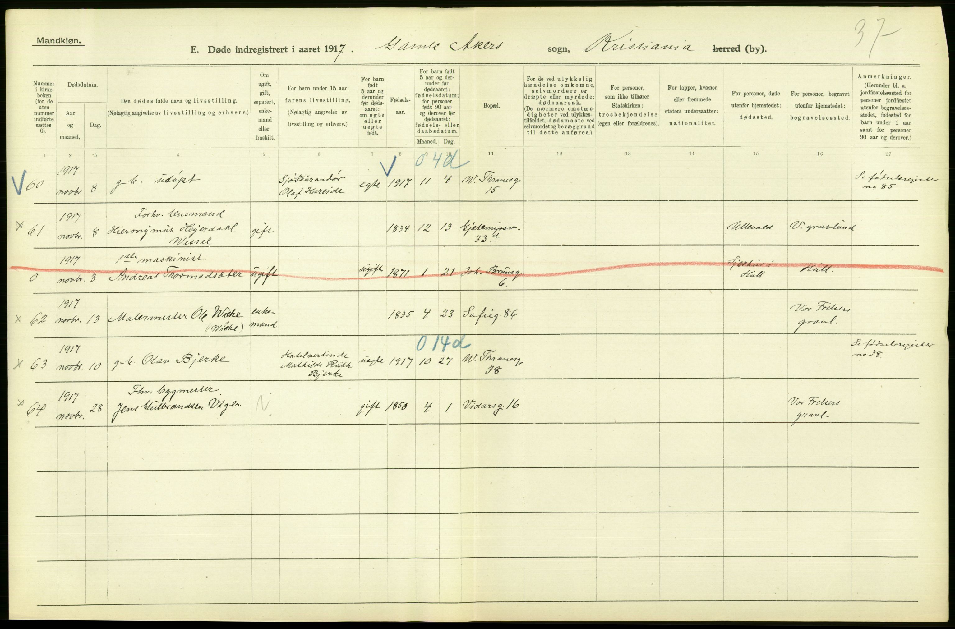 Statistisk sentralbyrå, Sosiodemografiske emner, Befolkning, AV/RA-S-2228/D/Df/Dfb/Dfbg/L0010: Kristiania: Døde, 1917, p. 564