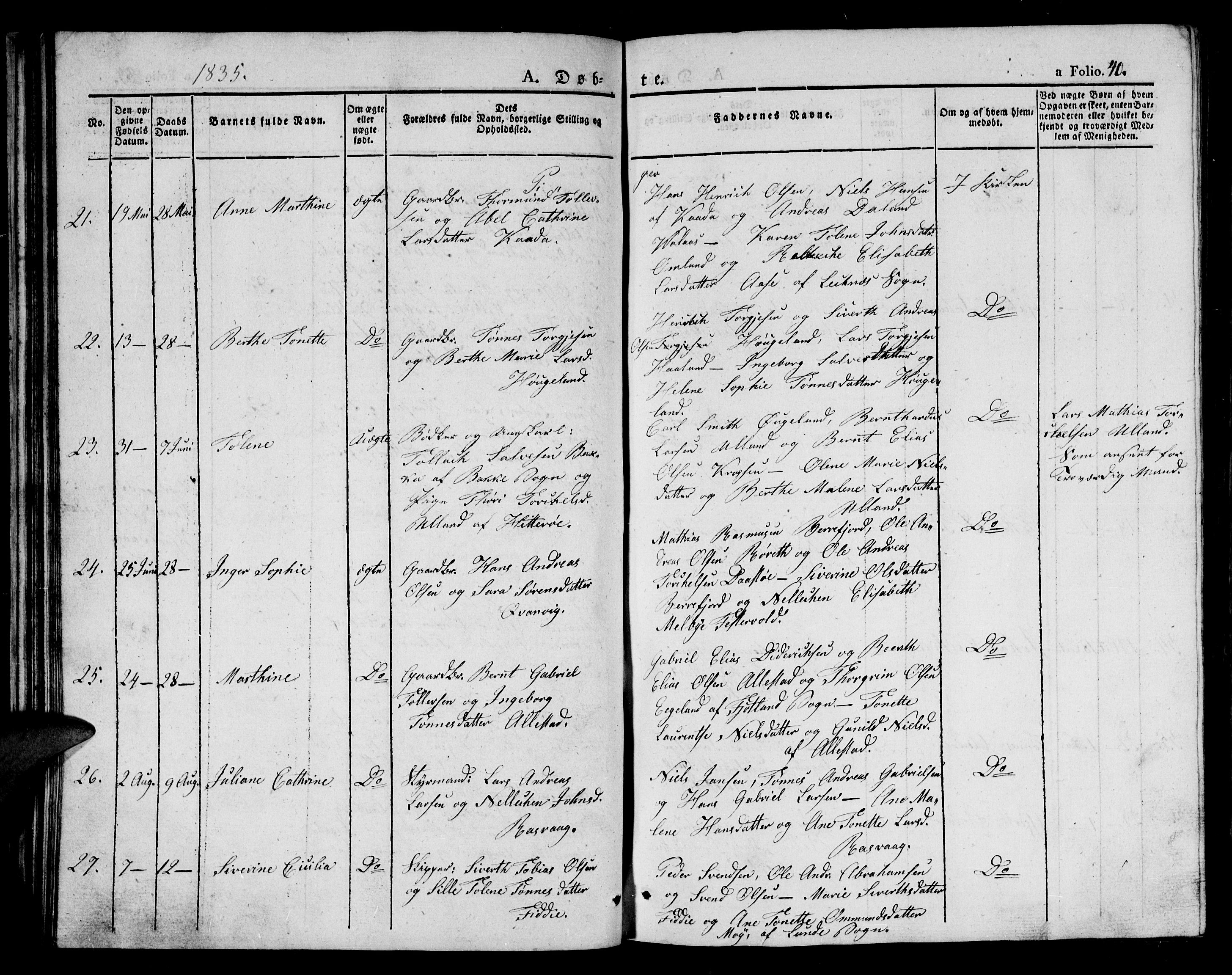 Flekkefjord sokneprestkontor, SAK/1111-0012/F/Fb/Fbb/L0002: Parish register (copy) no. B 2a, 1831-1866, p. 40